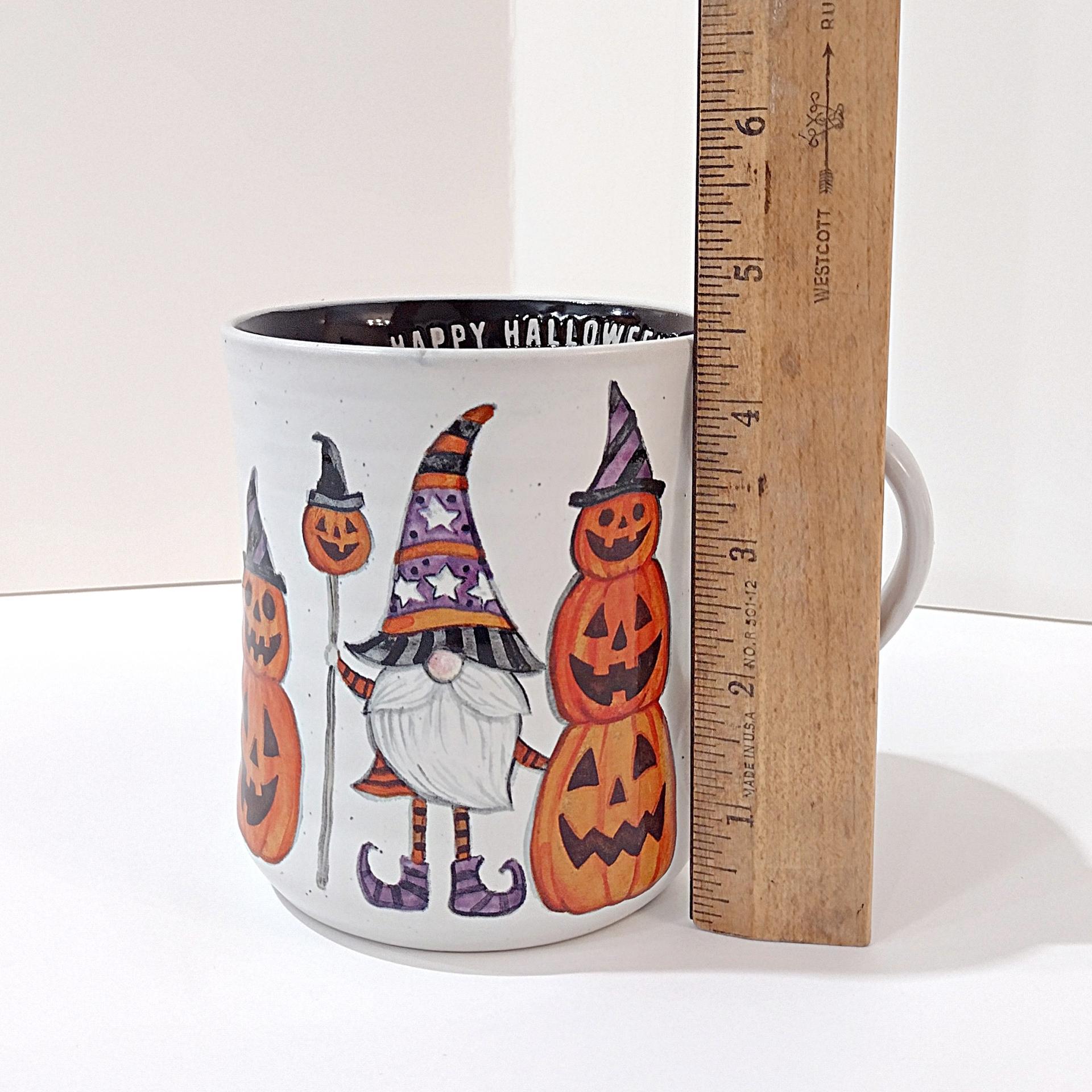 Vintage Halloween Gnome and Pumpkin Ceramic Oversized Coffee Mug, Cobwebs and Cauldrons Halloween Mug