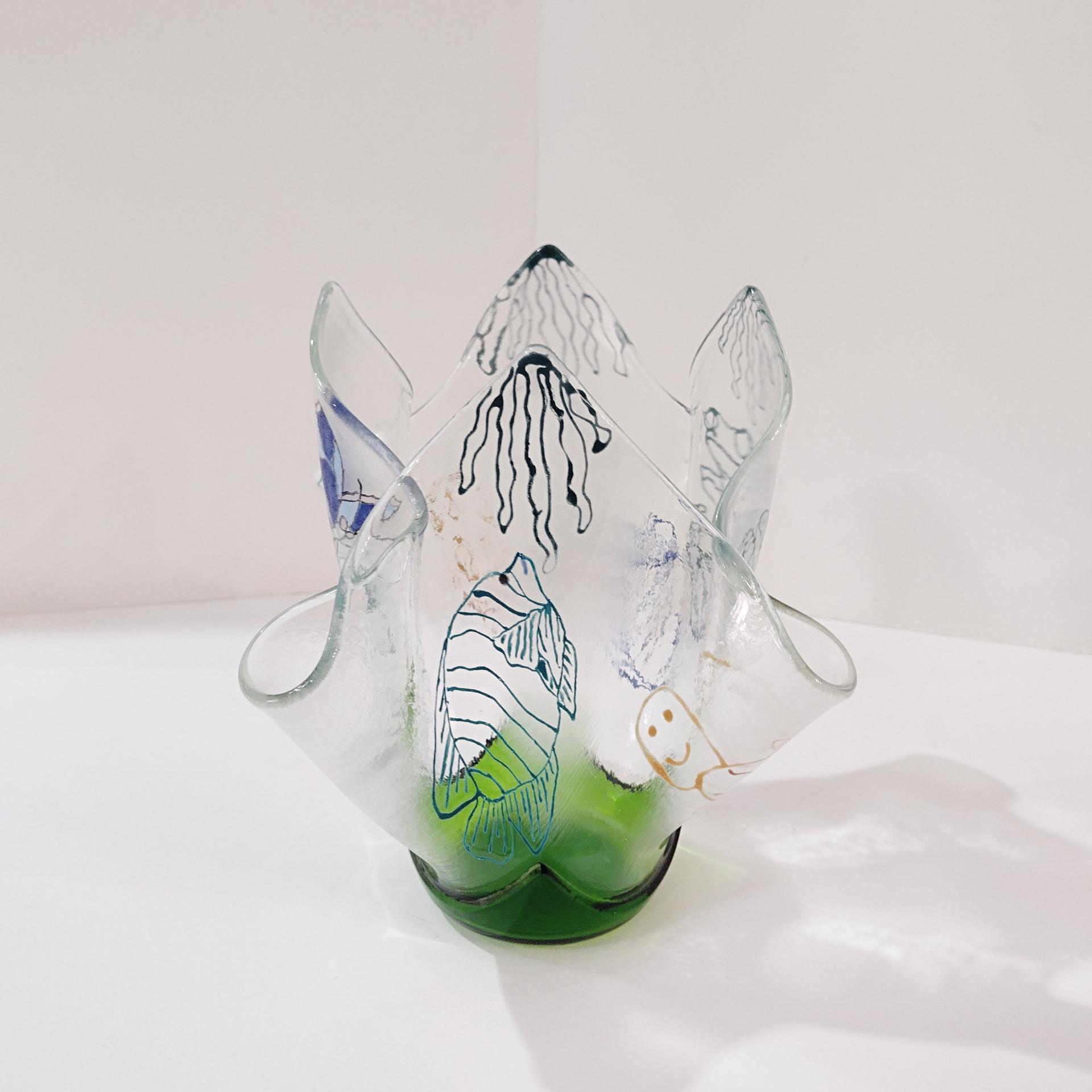 Large Aquatic Themed Fused Glass Handkerchief Vase, Fish and Frog Design, Beach Decor