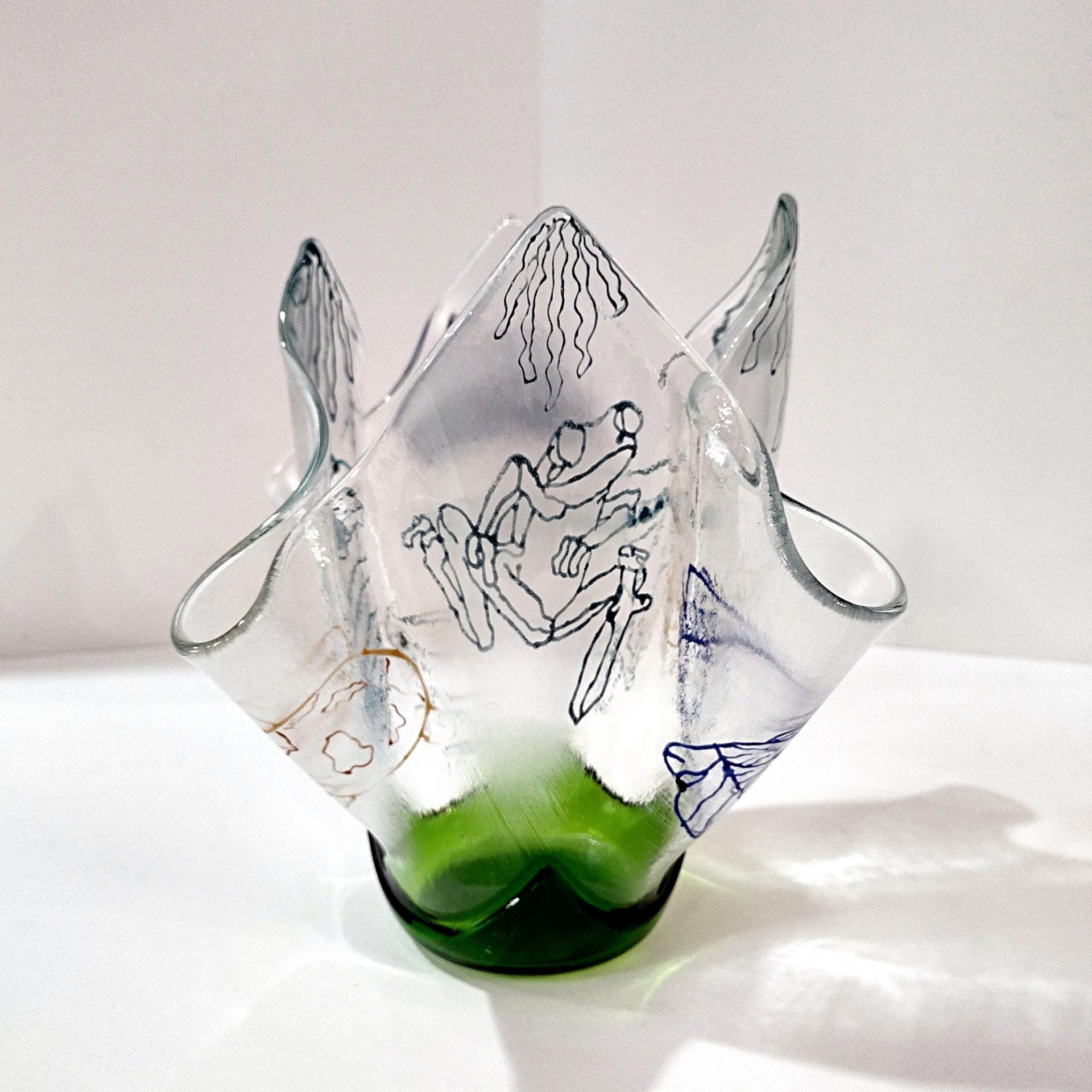 Large Aquatic Themed Fused Glass Handkerchief Vase, Fish and Frog Design, Beach Decor