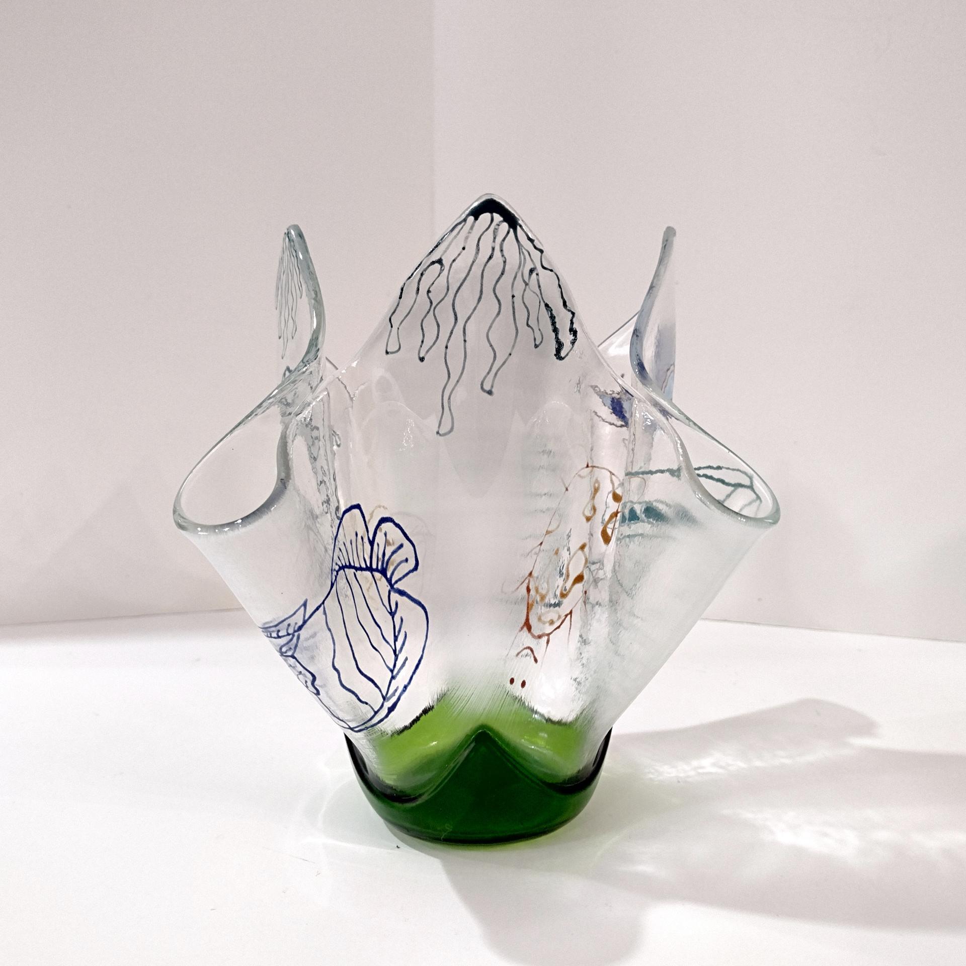 Large Aquatic Themed Fused Glass Handkerchief Vase, Fish and Frog Design, Beach Decor