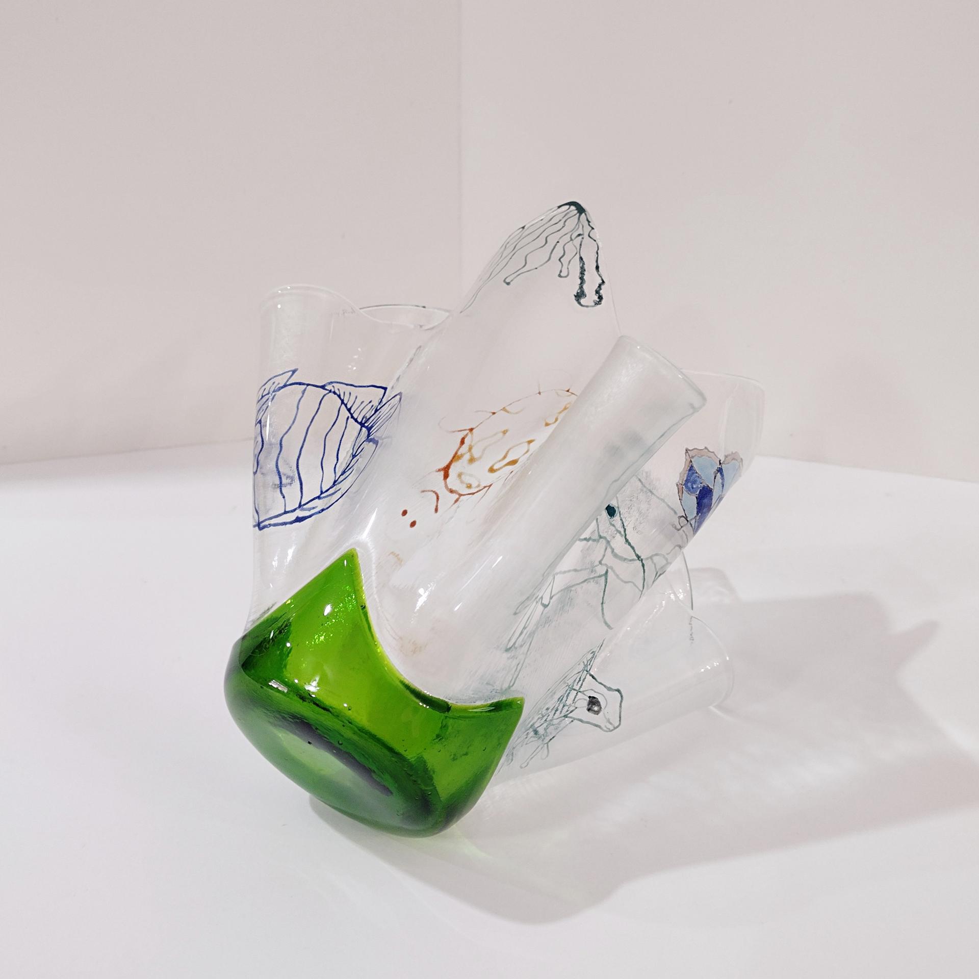 Large Aquatic Themed Fused Glass Handkerchief Vase, Fish and Frog Design, Beach Decor