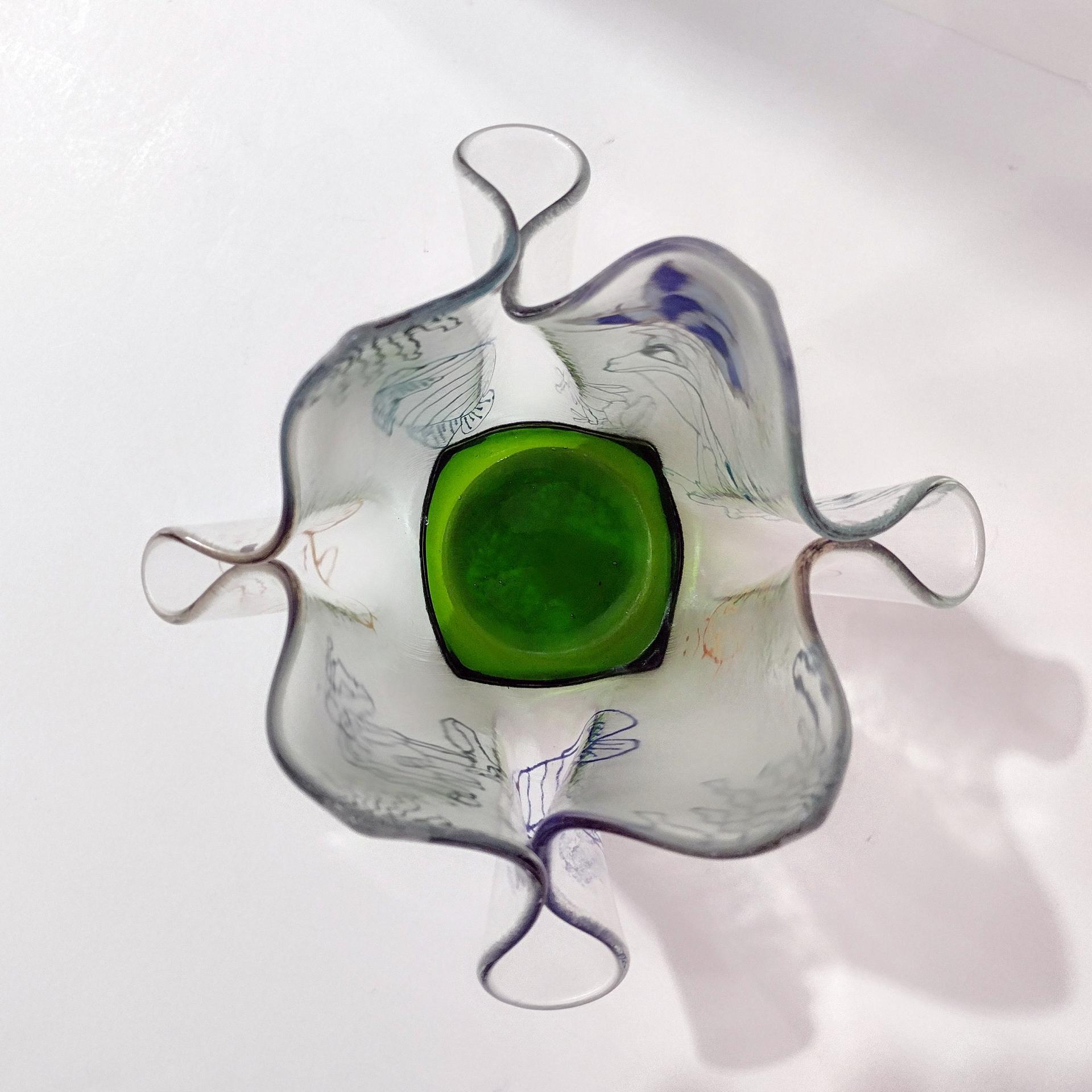 Large Aquatic Themed Fused Glass Handkerchief Vase, Fish and Frog Design, Beach Decor