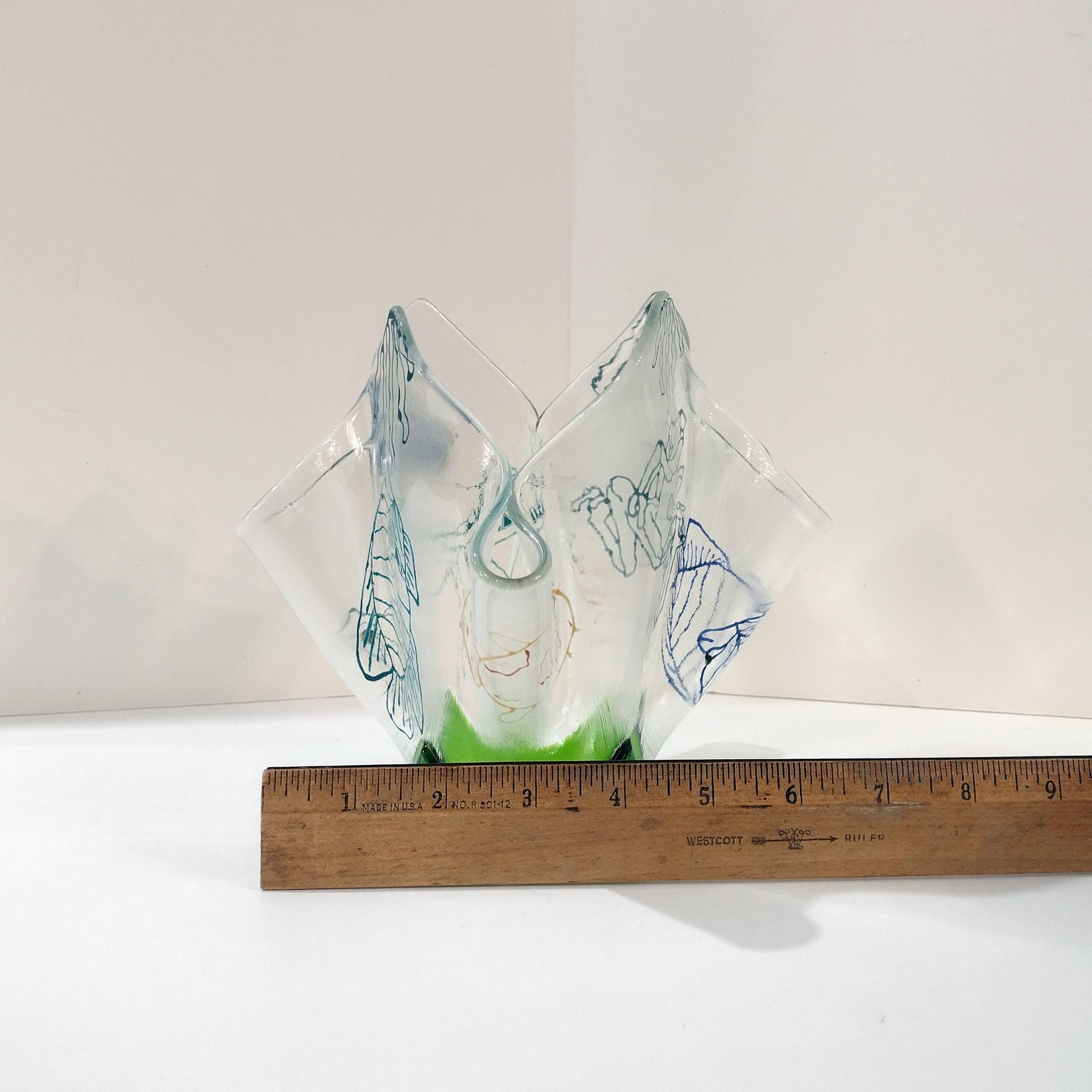 Large Aquatic Themed Fused Glass Handkerchief Vase, Fish and Frog Design, Beach Decor