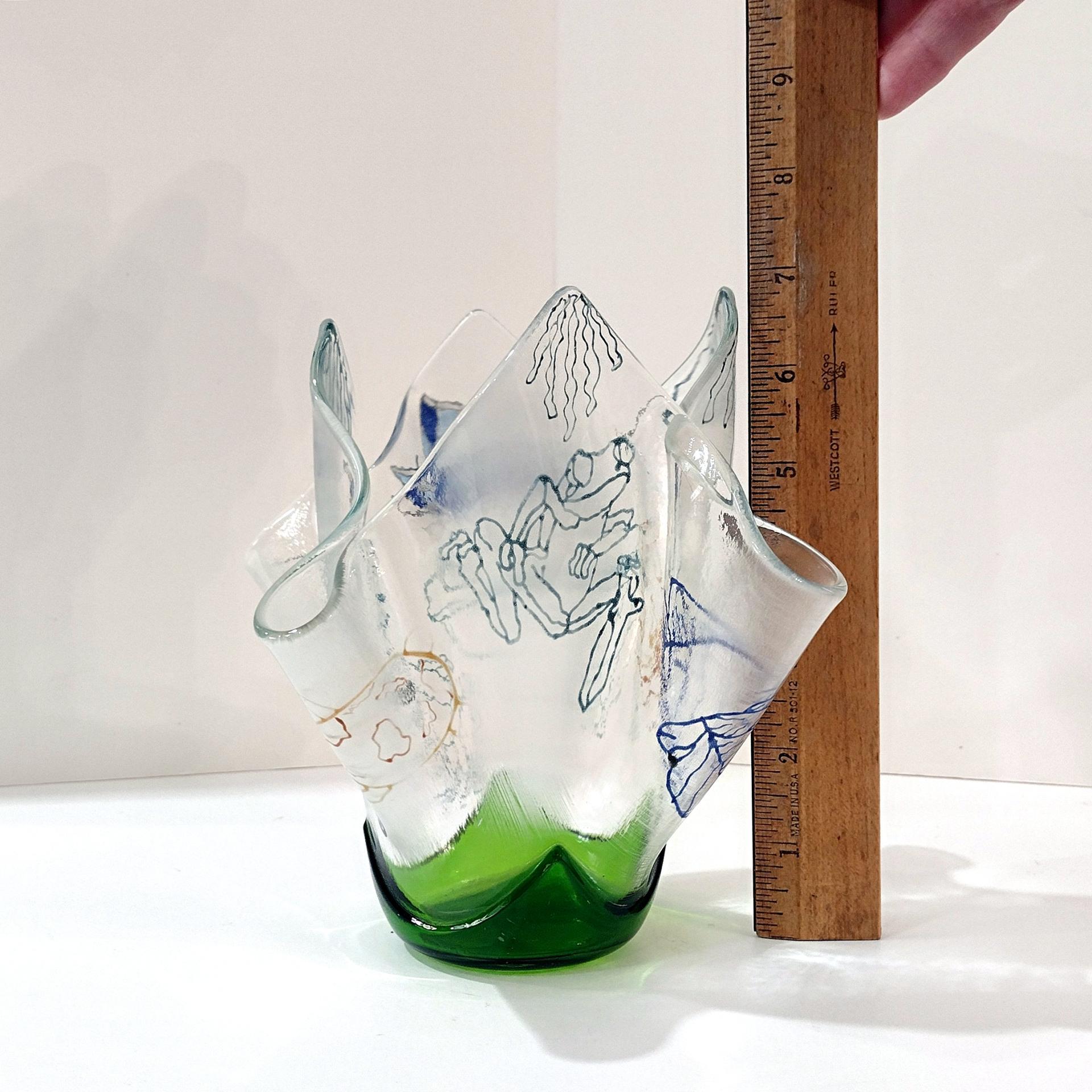 Large Aquatic Themed Fused Glass Handkerchief Vase, Fish and Frog Design, Beach Decor