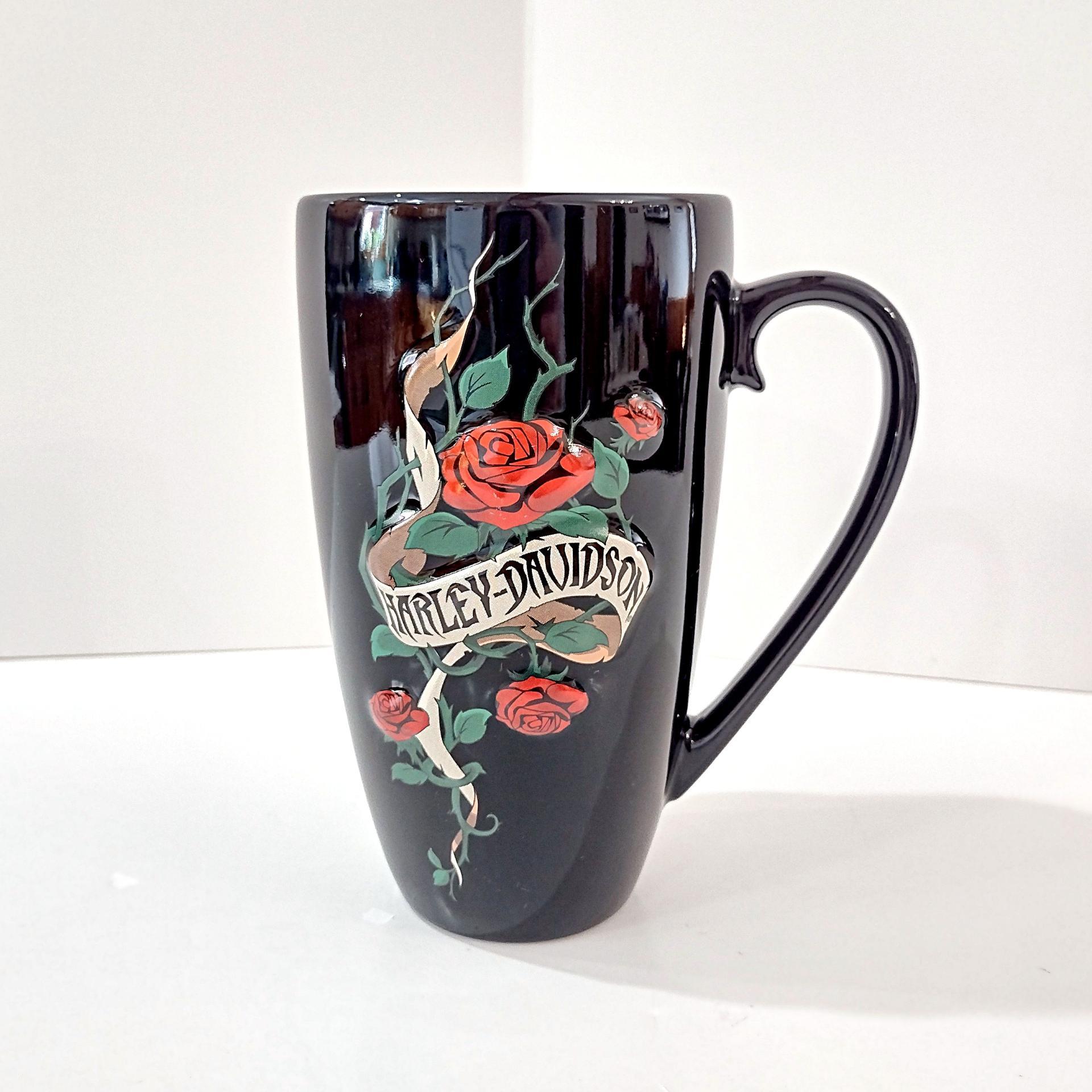 Vintage Harley Davidson Black Ceramic Mug with HD Banner Roses Thorns and Bar Shield Sculpted Embossed Design