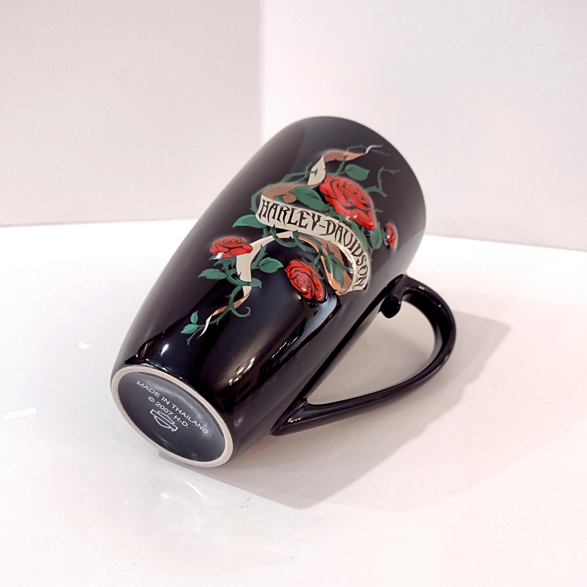 Vintage Harley Davidson Black Ceramic Mug with HD Banner Roses Thorns and Bar Shield Sculpted Embossed Design