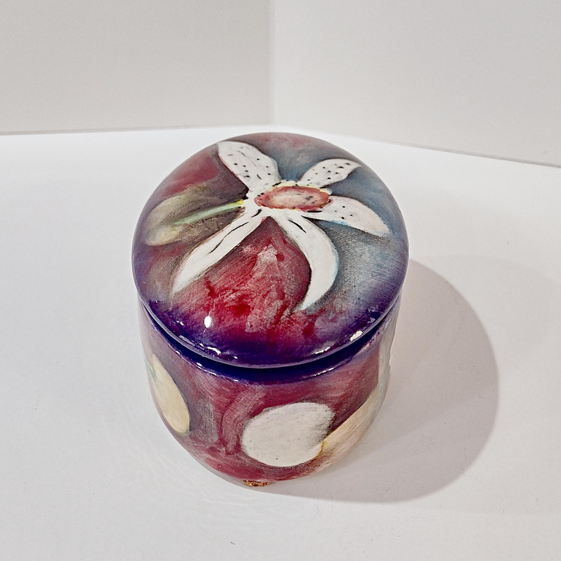 Vintage Signed Harris Cies Covered Ceramic Trinket Jewelry Dish with Floral Design, Post Modern Studio Pottery