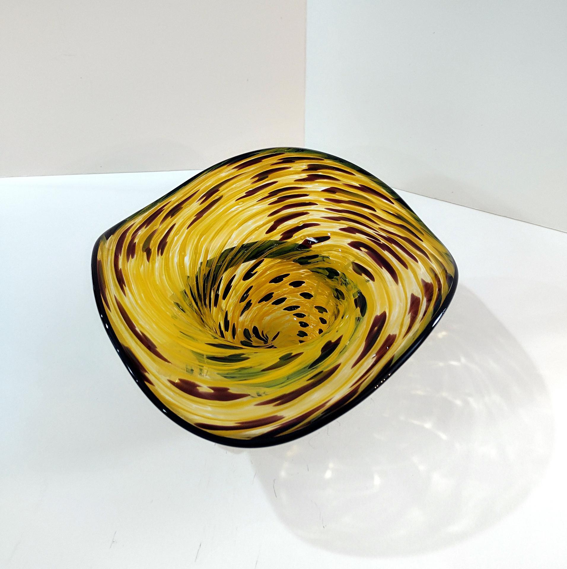 Vintage Blown Glass Hat Bowl, Yellow and Black Art Glass Bowl, Ladies Hat Art Piece