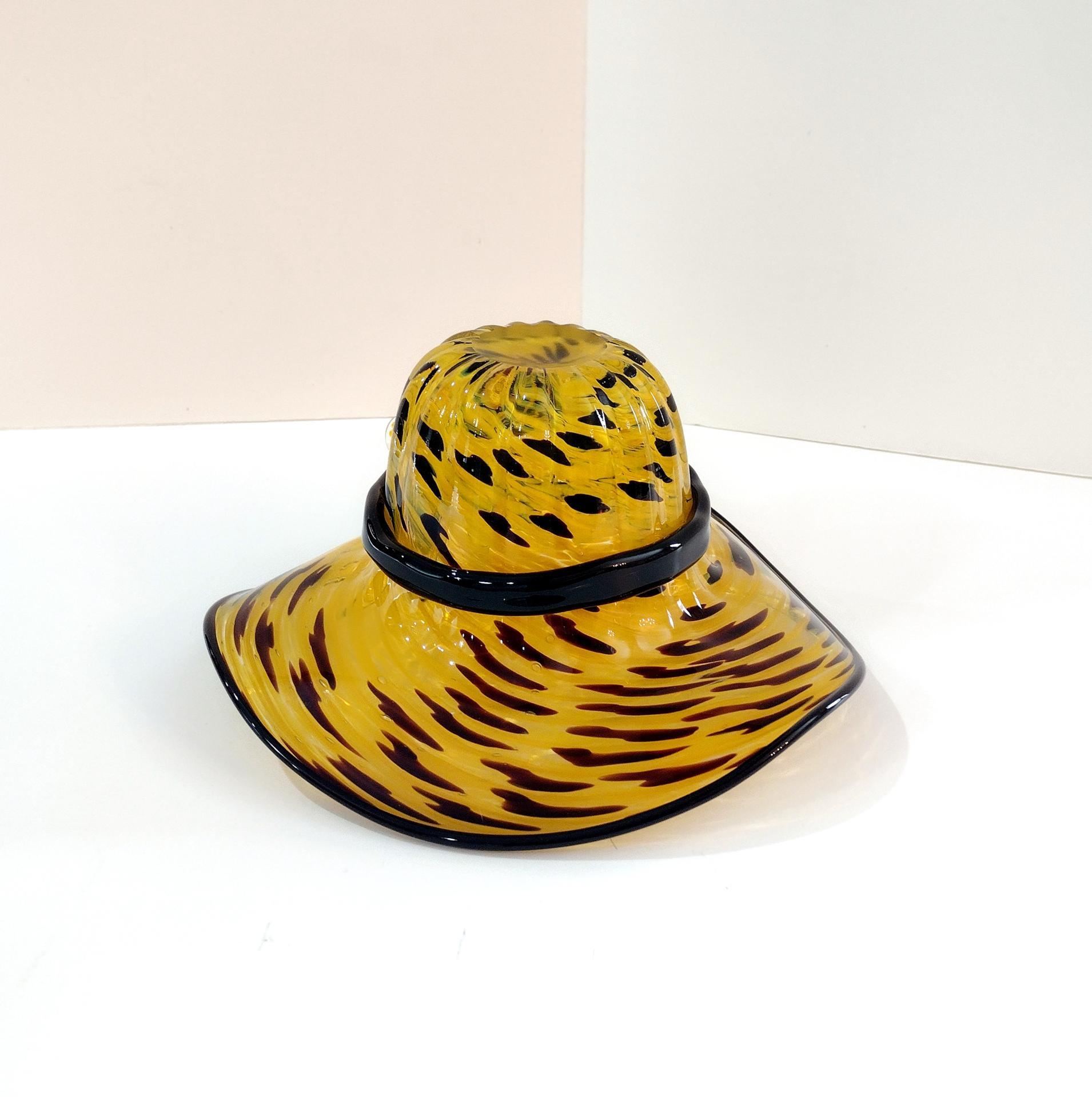 Vintage Blown Glass Hat Bowl, Yellow and Black Art Glass Bowl, Ladies Hat Art Piece