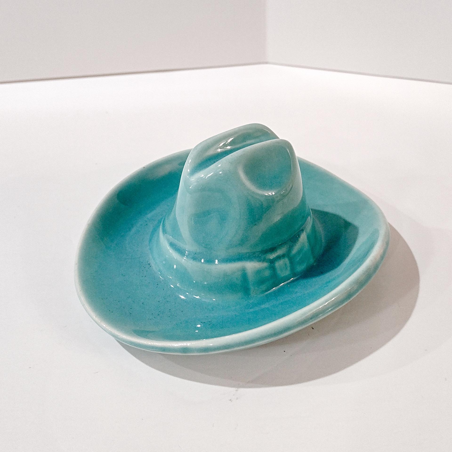 Vintage Bauer Pottery Ceramic Cowboy Hat Ashtray, Aqua Blue Trinket Ring Dish