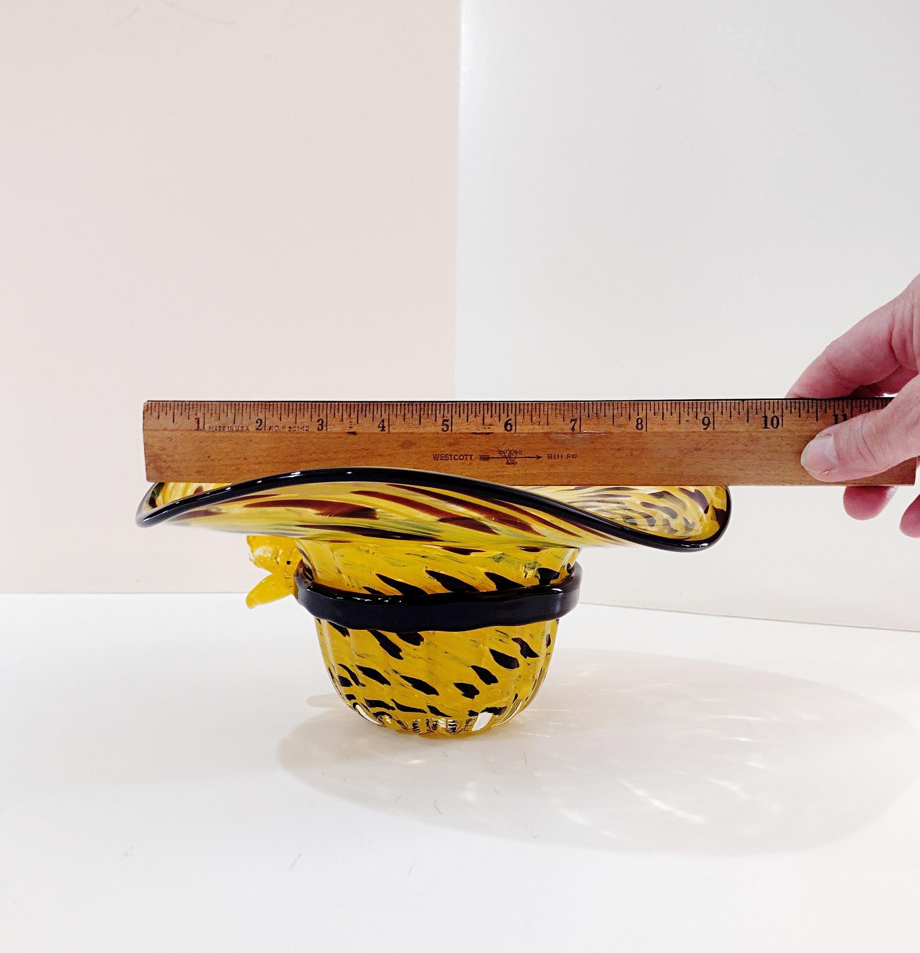 Vintage Blown Glass Hat Bowl, Yellow and Black Art Glass Bowl, Ladies Hat Art Piece