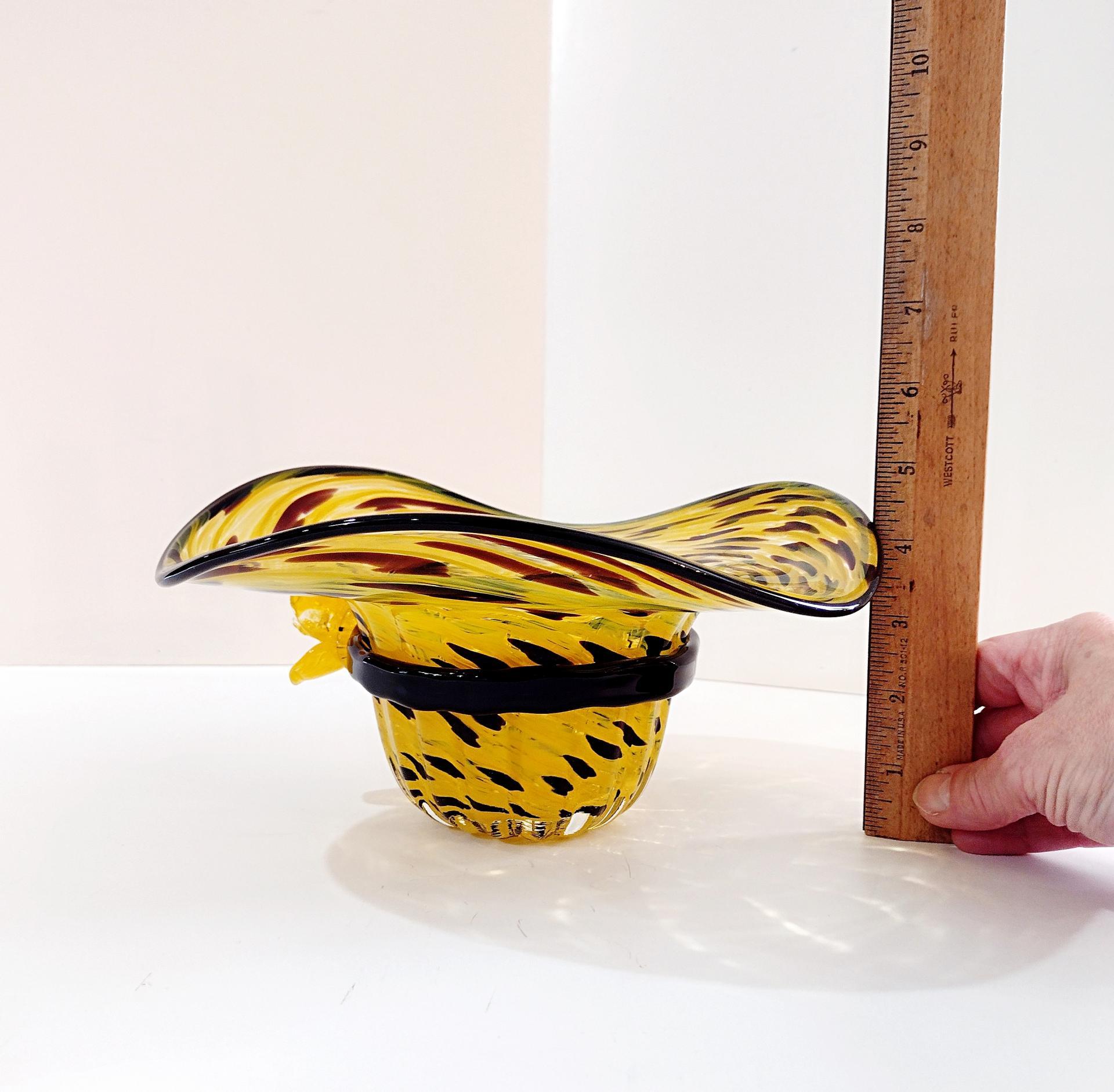 Vintage Blown Glass Hat Bowl, Yellow and Black Art Glass Bowl, Ladies Hat Art Piece