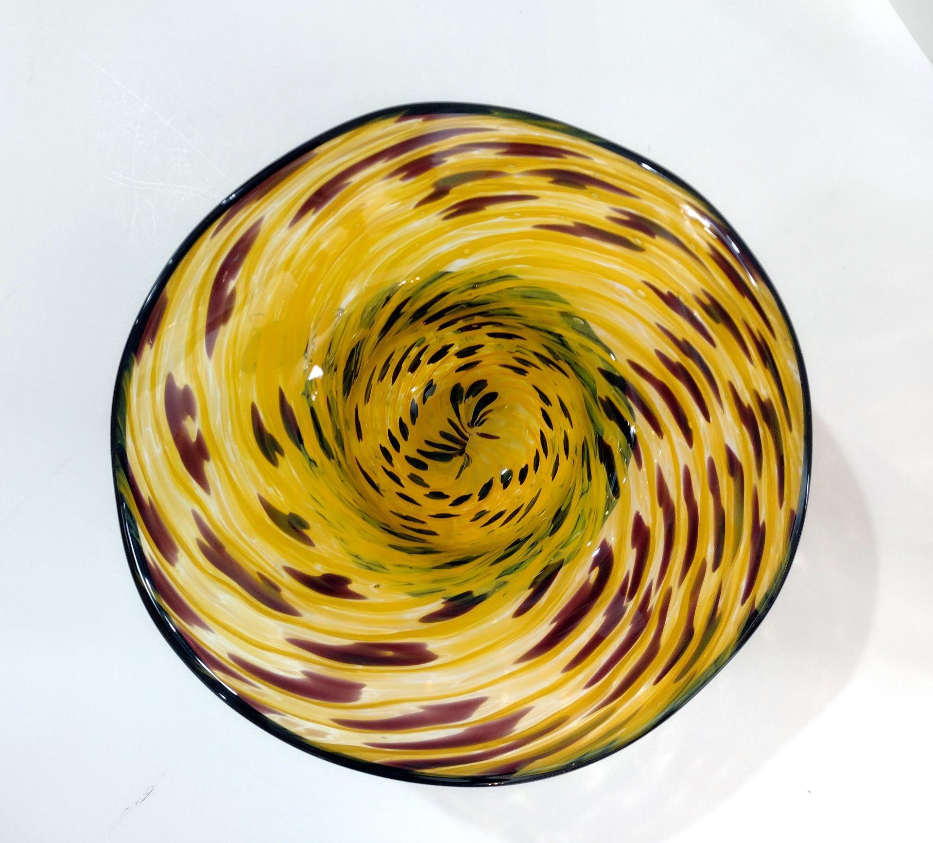 Vintage Blown Glass Hat Bowl, Yellow and Black Art Glass Bowl, Ladies Hat Art Piece