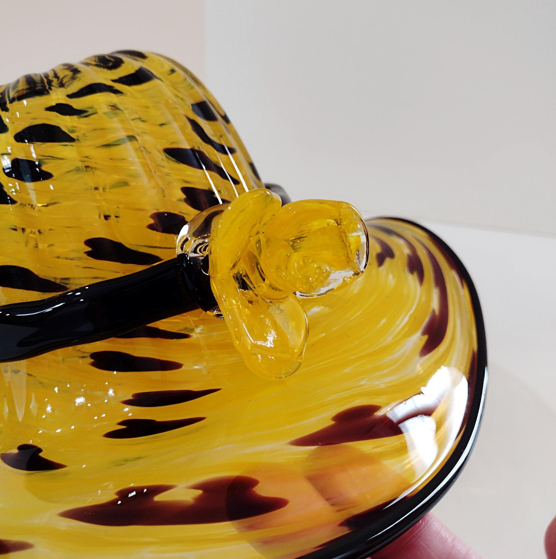 Vintage Blown Glass Hat Bowl, Yellow and Black Art Glass Bowl, Ladies Hat Art Piece