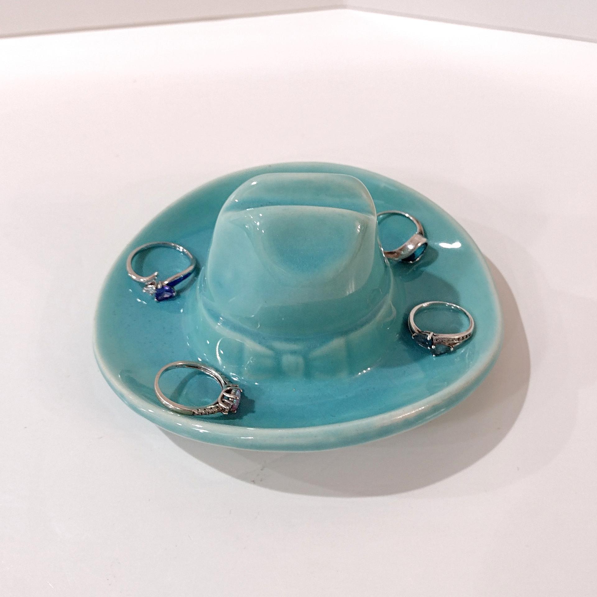 Vintage Bauer Pottery Ceramic Cowboy Hat Ashtray, Aqua Blue Trinket Ring Dish