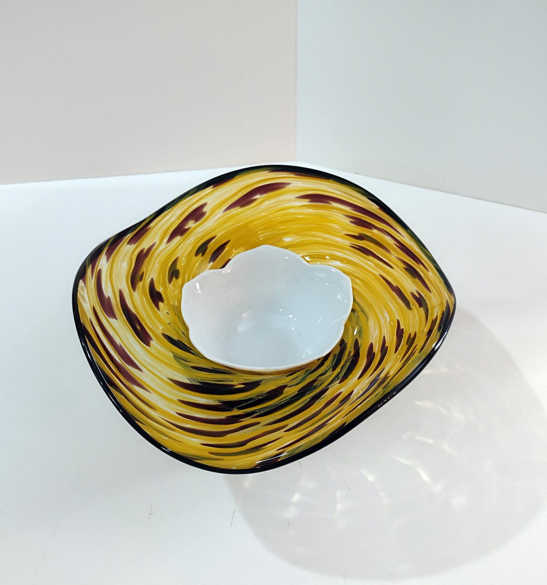 Vintage Blown Glass Hat Bowl, Yellow and Black Art Glass Bowl, Ladies Hat Art Piece