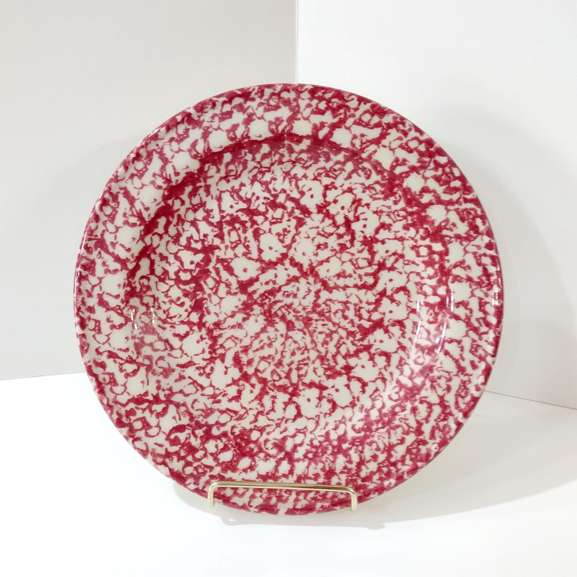Vintage Rose Red Spongeware Ceramic Dinner Plate, Workshops of Gerald E Henn Pottery