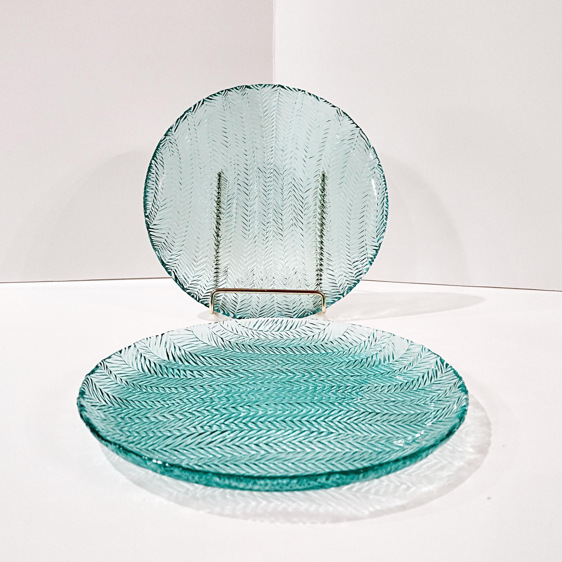 Vintage Arcoroc Turquoise Herringbone 7.5 Inch Blue Glass Salad Dessert Appetizer Plates, Set of Two, Multiple Sets Available
