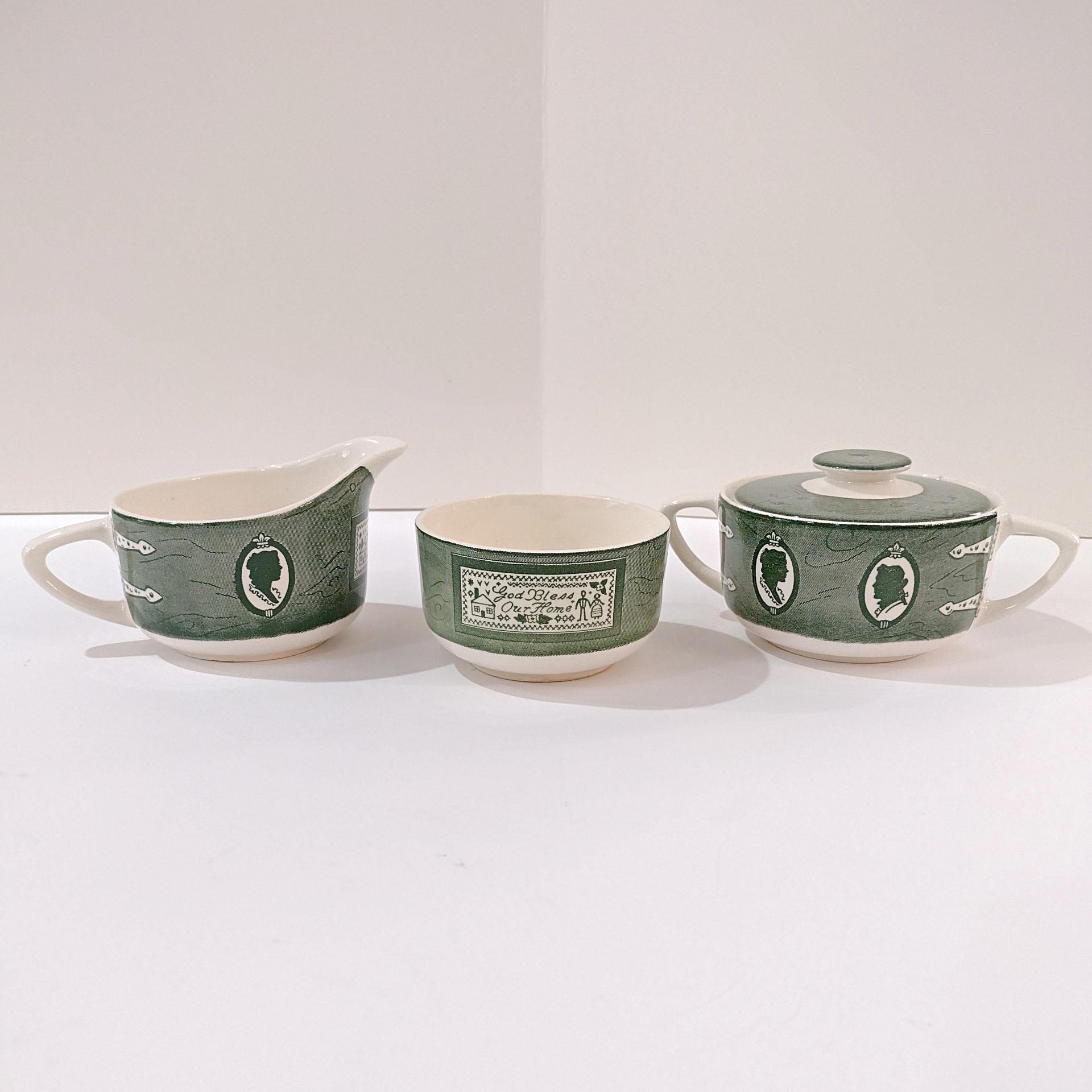 Vintage Royal Colonial Homestead Green Creamer, Covered Sugar Bowl, and Flat Cup, Set of 3, MCM Retro Americana Transferware