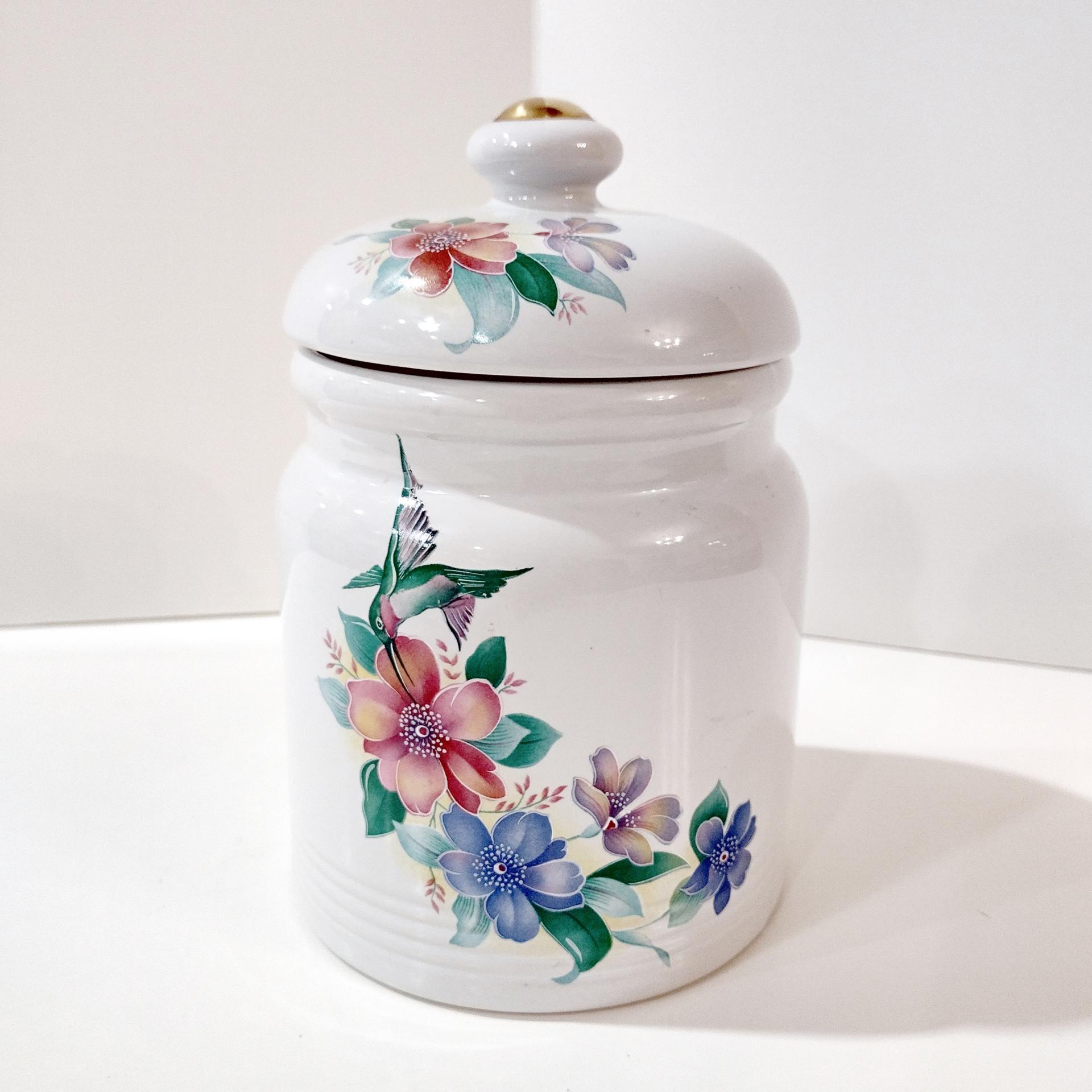 Vintage Hummingbird and Flowers Ceramic Canister Airtight Storage Jar Container, Morgana Collection Pink and Blue Floral Lidded Jar