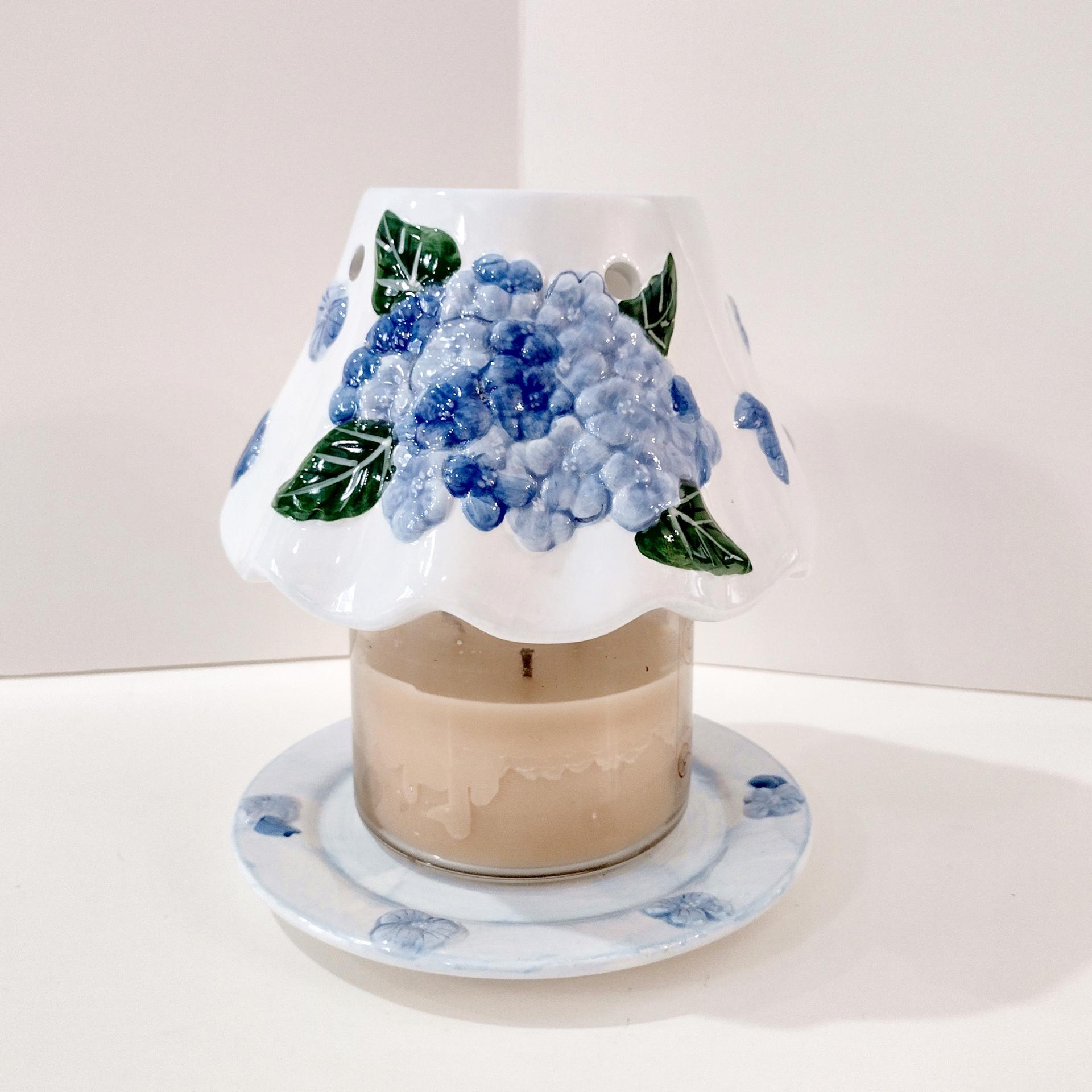Vintage Hydrangea Floral Ceramic Shade Jar Candle Topper and Under Plate