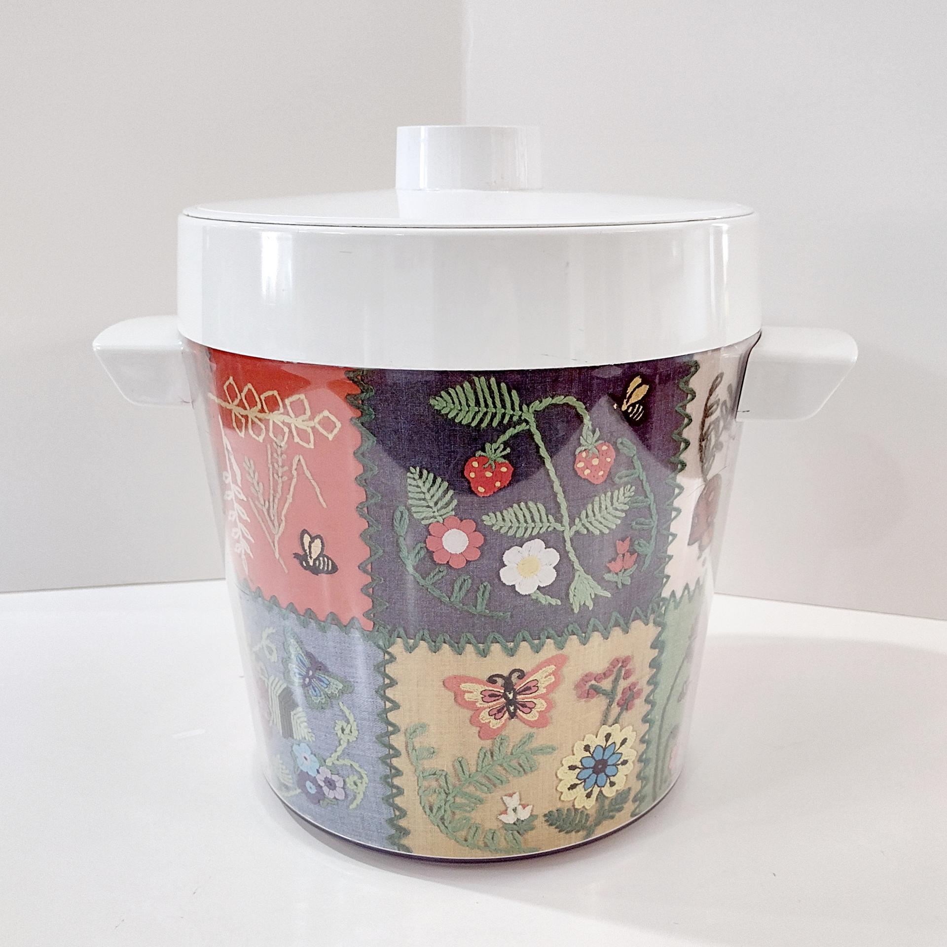 Vintage West Bend Thermo-Serve Insulated Ice Bucket, Embroidered Patchwork Design, 1970's Retro Barware