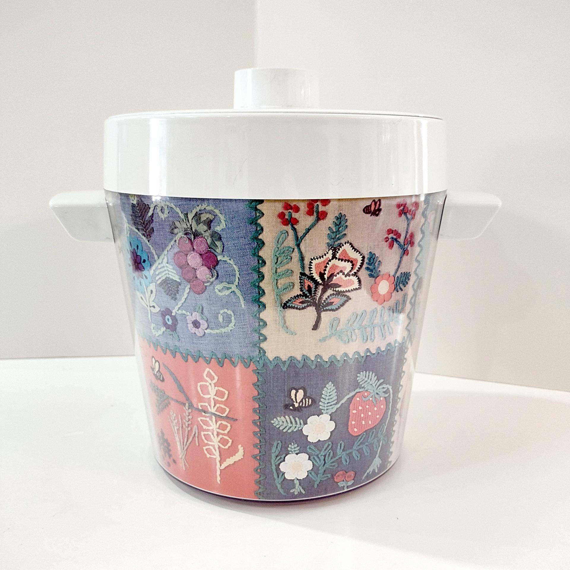Vintage West Bend Thermo-Serve Insulated Ice Bucket, Embroidered Patchwork Design, 1970's Retro Barware