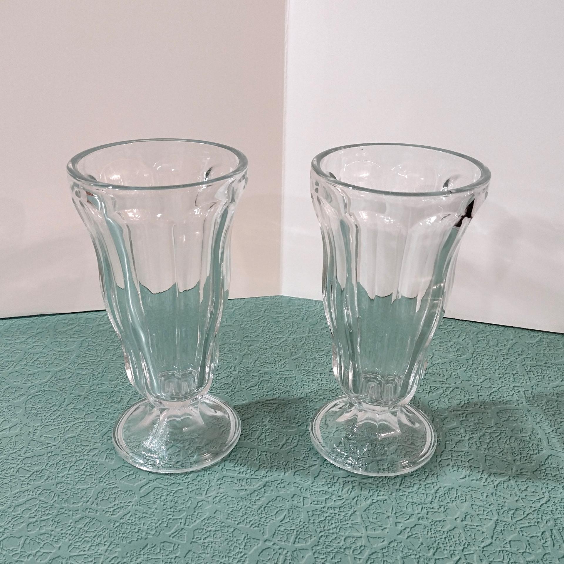 Vintage Anchor Hocking Fountainware Clear Footed Soda Tumblers,  Milkshake Ice Cream Sundae Glasses, Set of Two