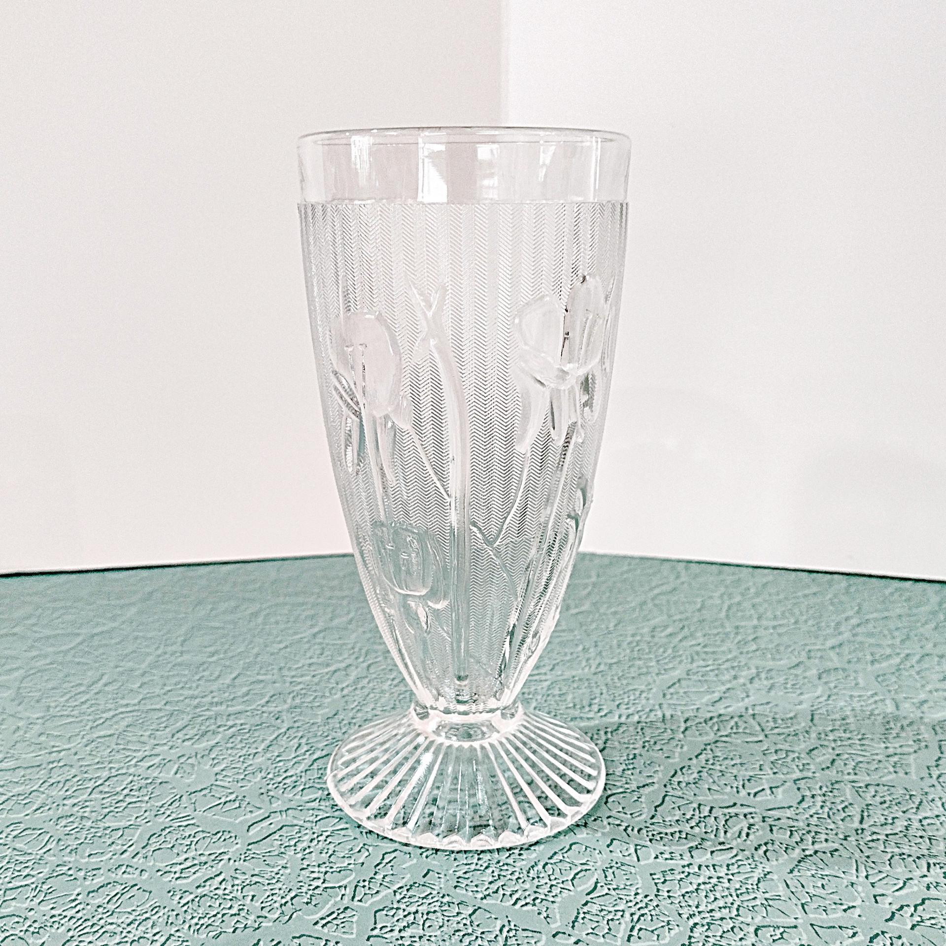 Vintage Jeanette Glass Iris Footed Tumbler, Floral Pressed Depression Glass