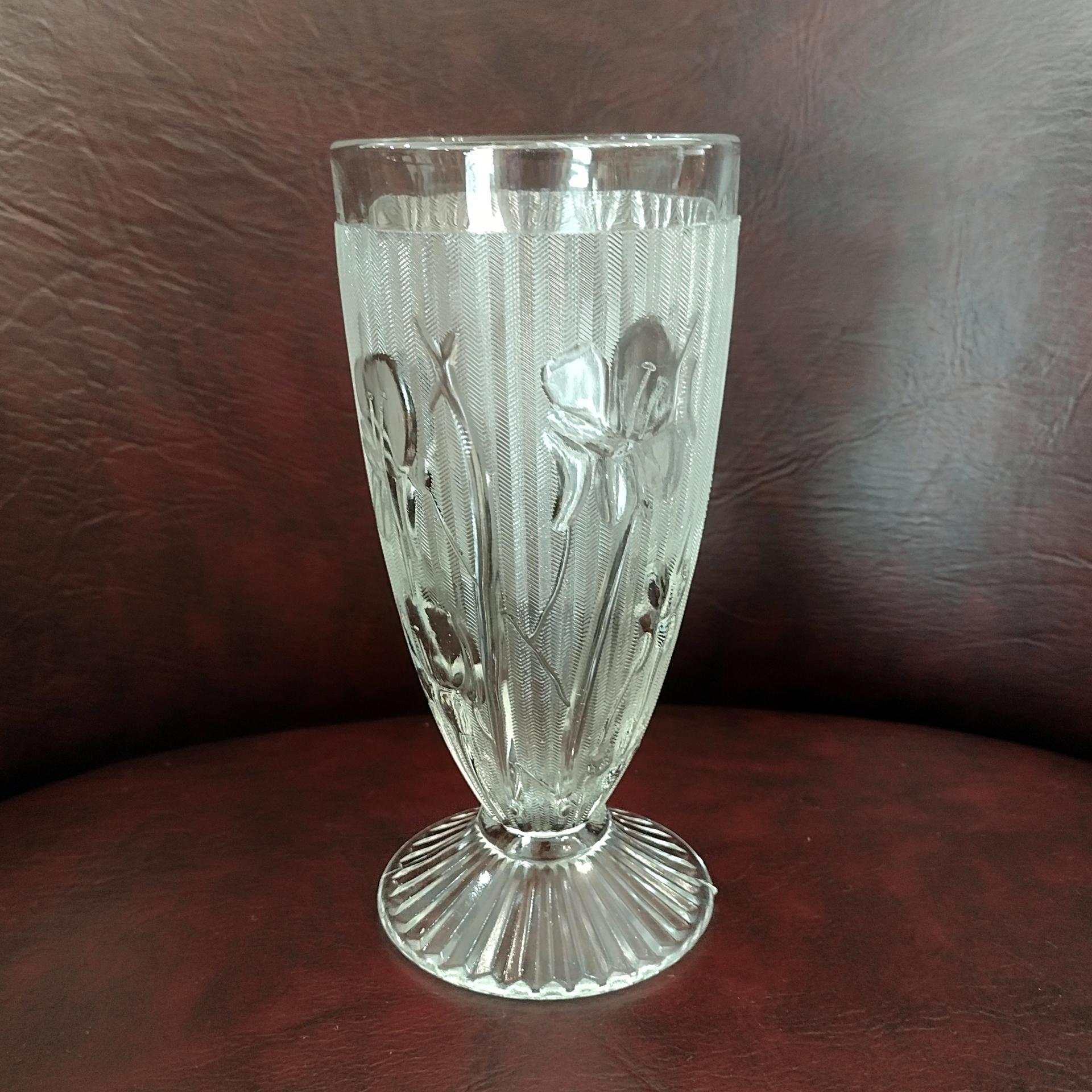 Vintage Jeanette Glass Iris Footed Tumbler, Floral Pressed Depression Glass