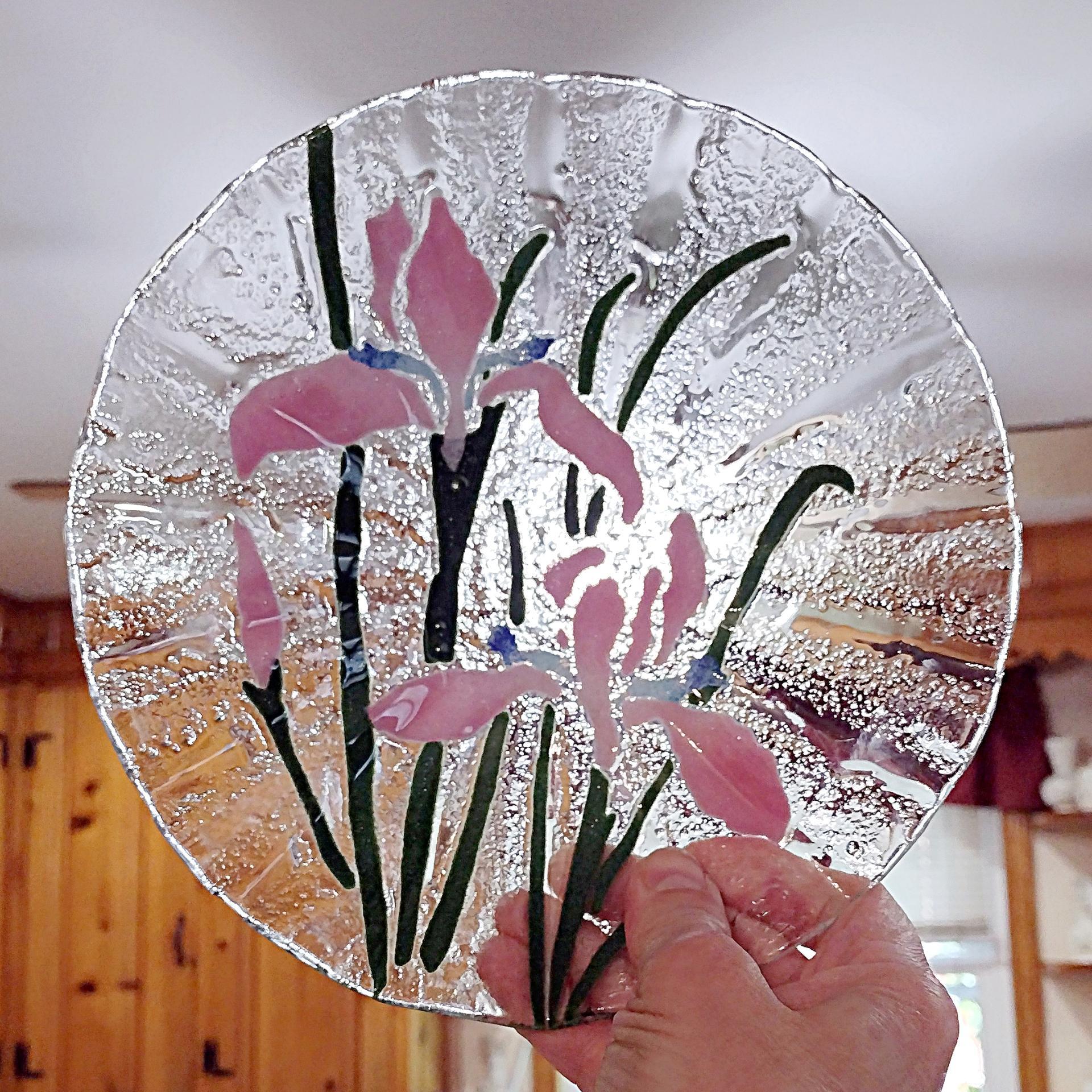 Vintage Sydenstricker Fused Glass Ruffled Floral Iris Bowls, Set of Two, Pink and White Iris Bowls
