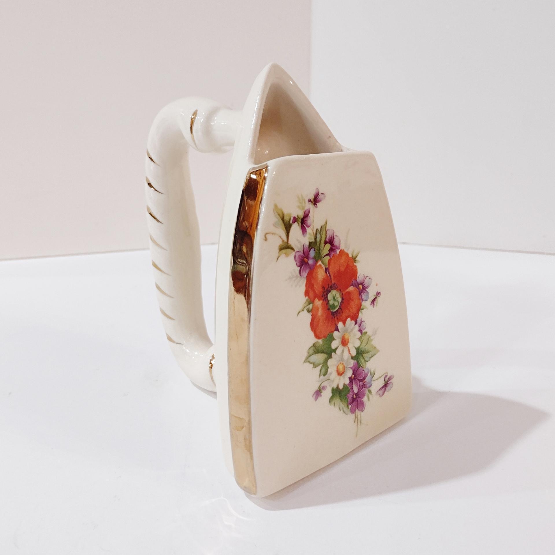 Vintage Ceramic Iron Shaped Floral Pocket Vase, Hand-Painted Bud Vase