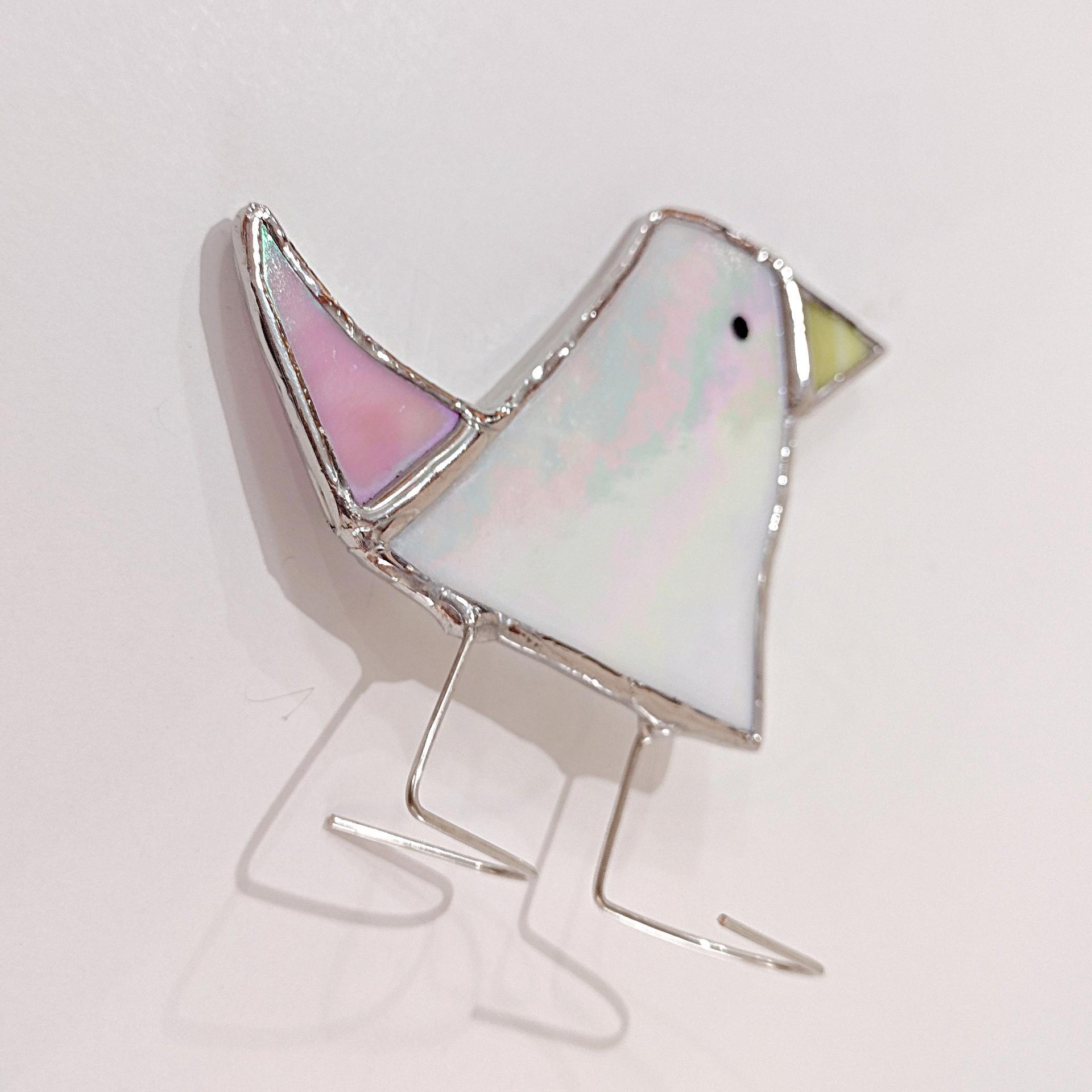 Stained Glass Standing Bird, Funky Pink and White Iridescent Glass Bird Suncatcher, Bird Lover Gift, Windowsill Sitter