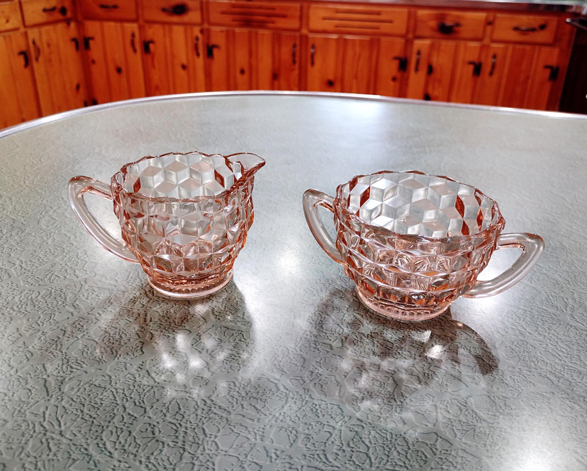 Vintage Jeanette Cube Pink Sugar and Creamer Set, Pink Depression Glass