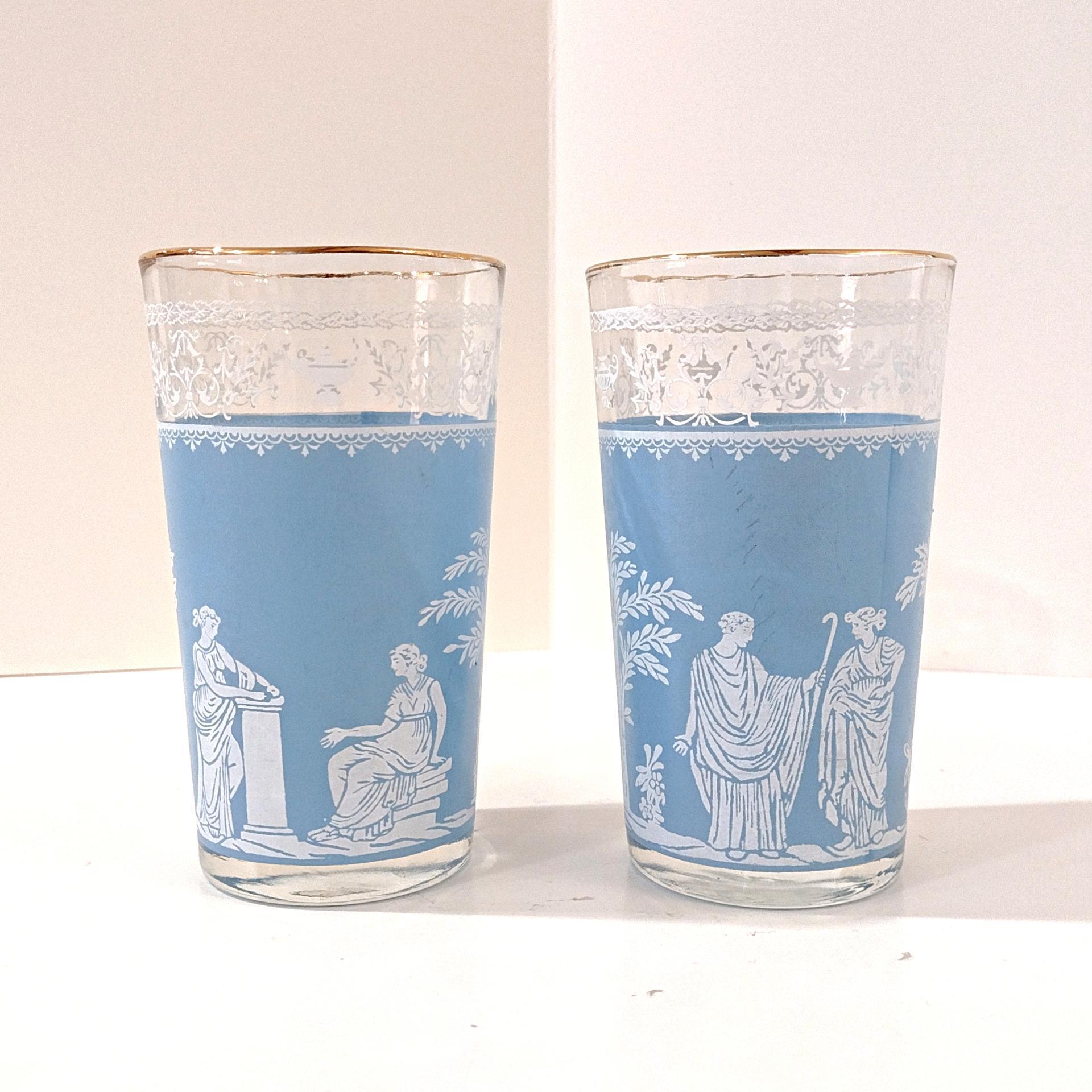 Vintage Jeanette Hellenic Blue 10 Ounce Flat Tumbler Glasses, Set of 2, MCM Barware