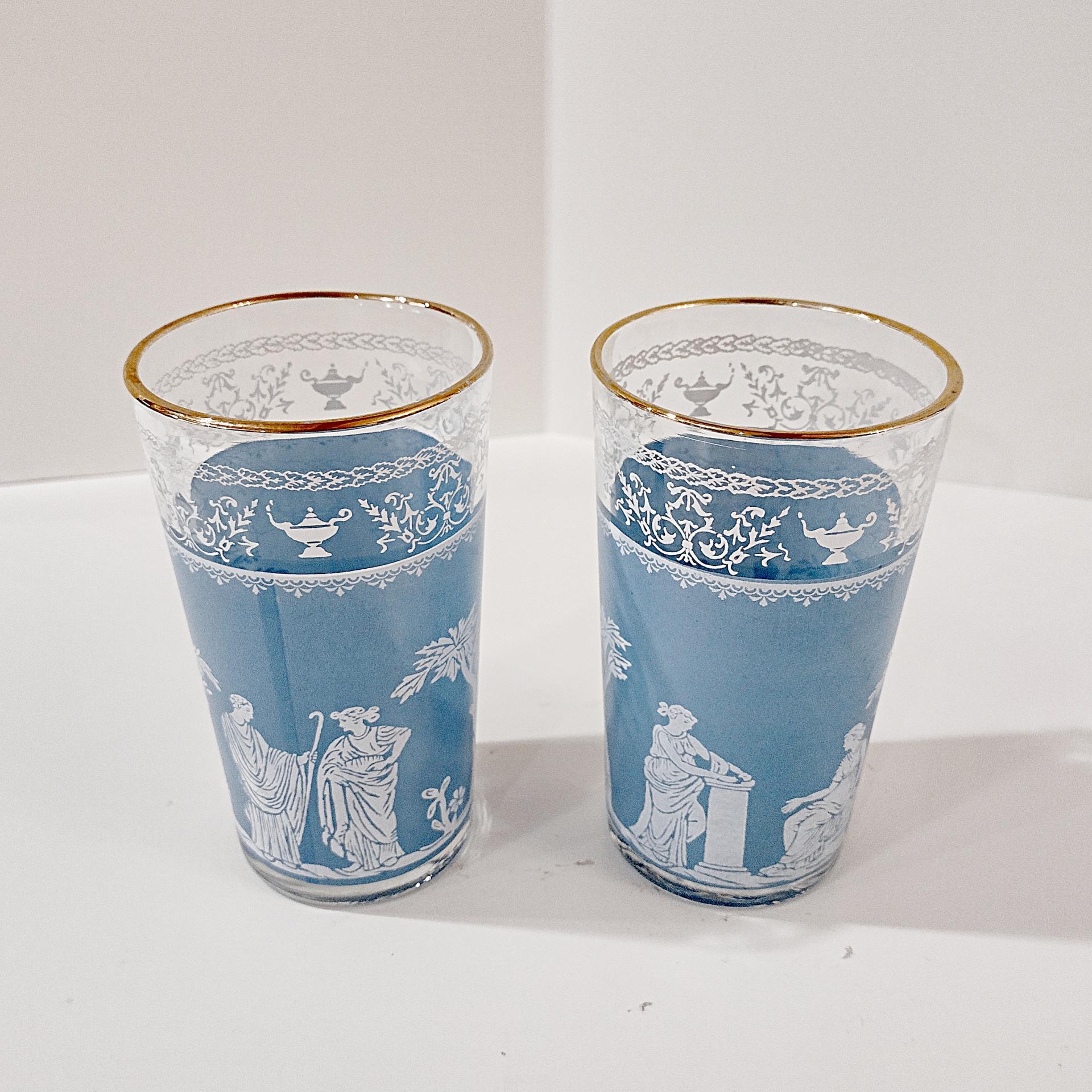 Vintage Jeanette Hellenic Blue 10 Ounce Flat Tumbler Glasses, Set of 2, MCM Barware