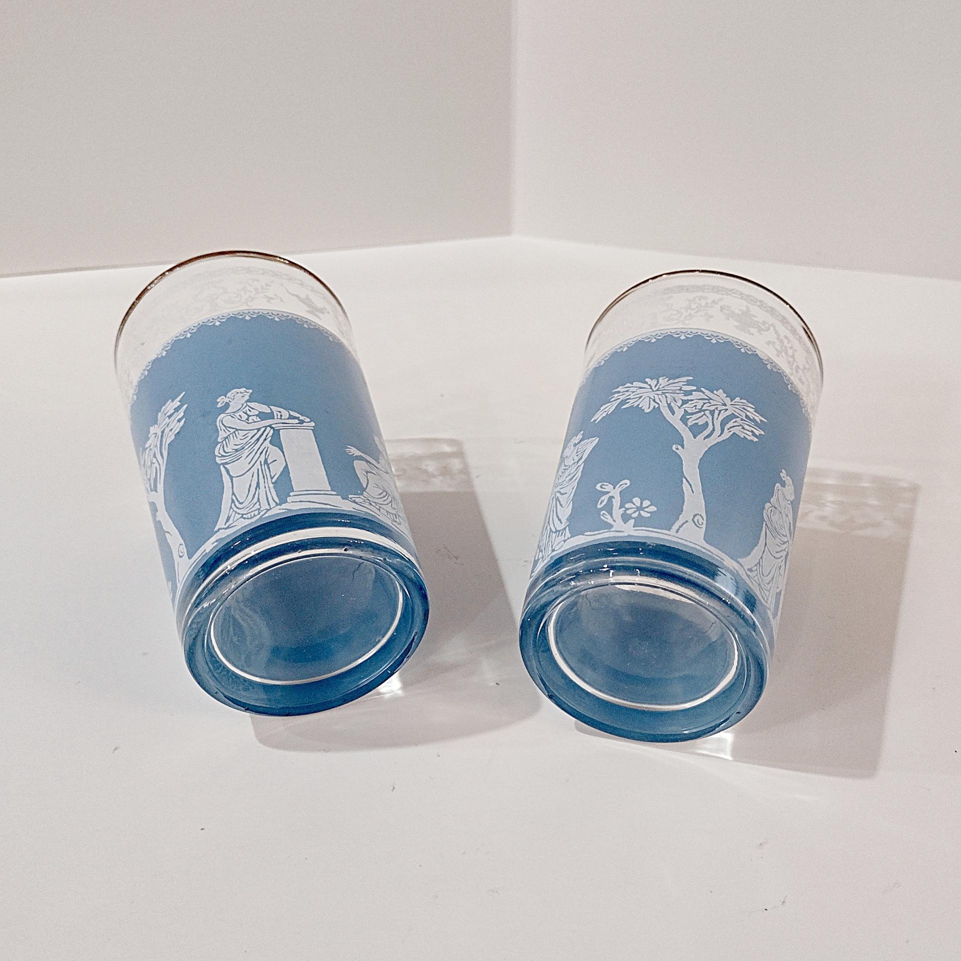 Vintage Jeanette Hellenic Blue 10 Ounce Flat Tumbler Glasses, Set of 2, MCM Barware