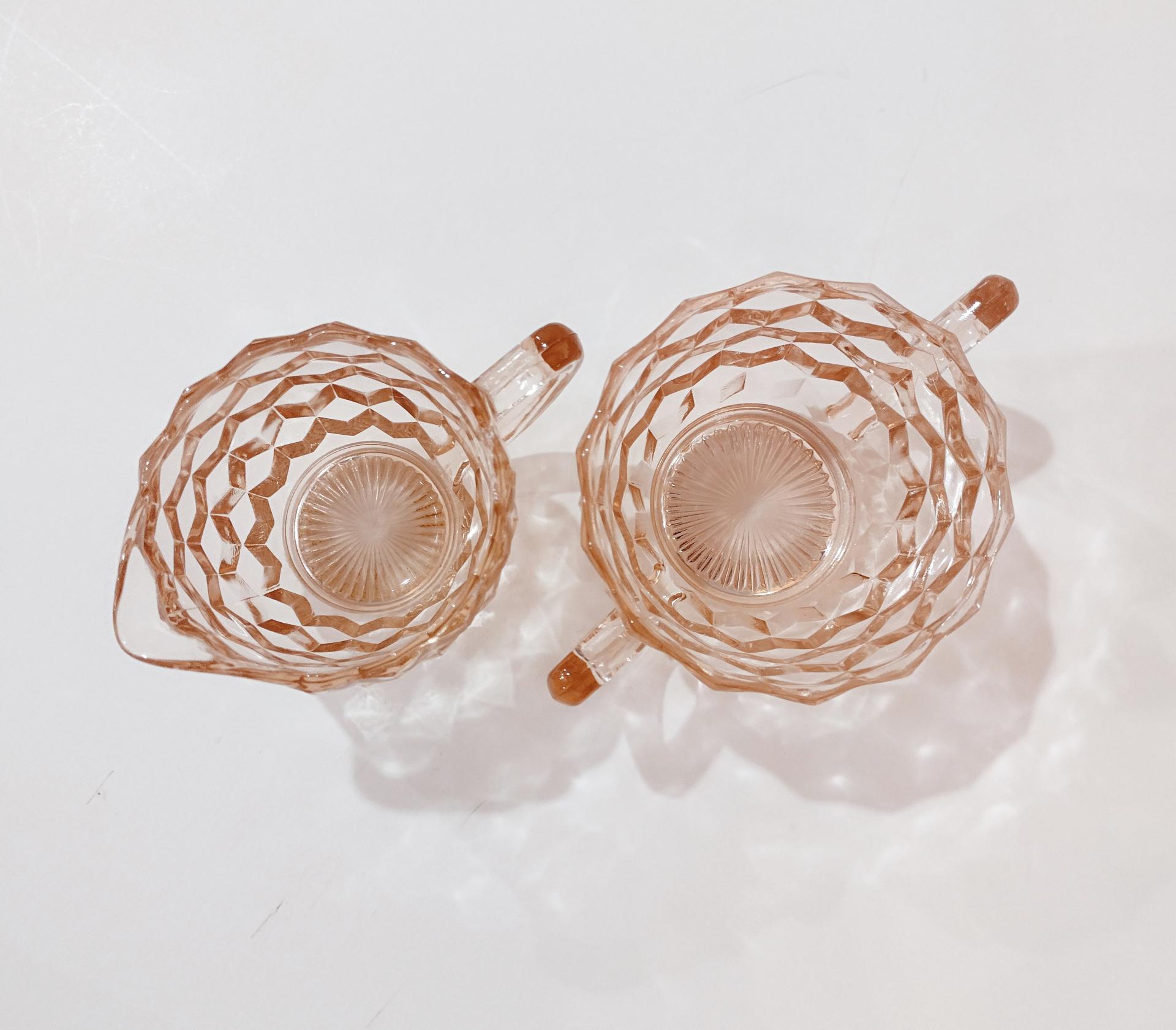Vintage Jeanette Cube Pink Sugar and Creamer Set, Pink Depression Glass