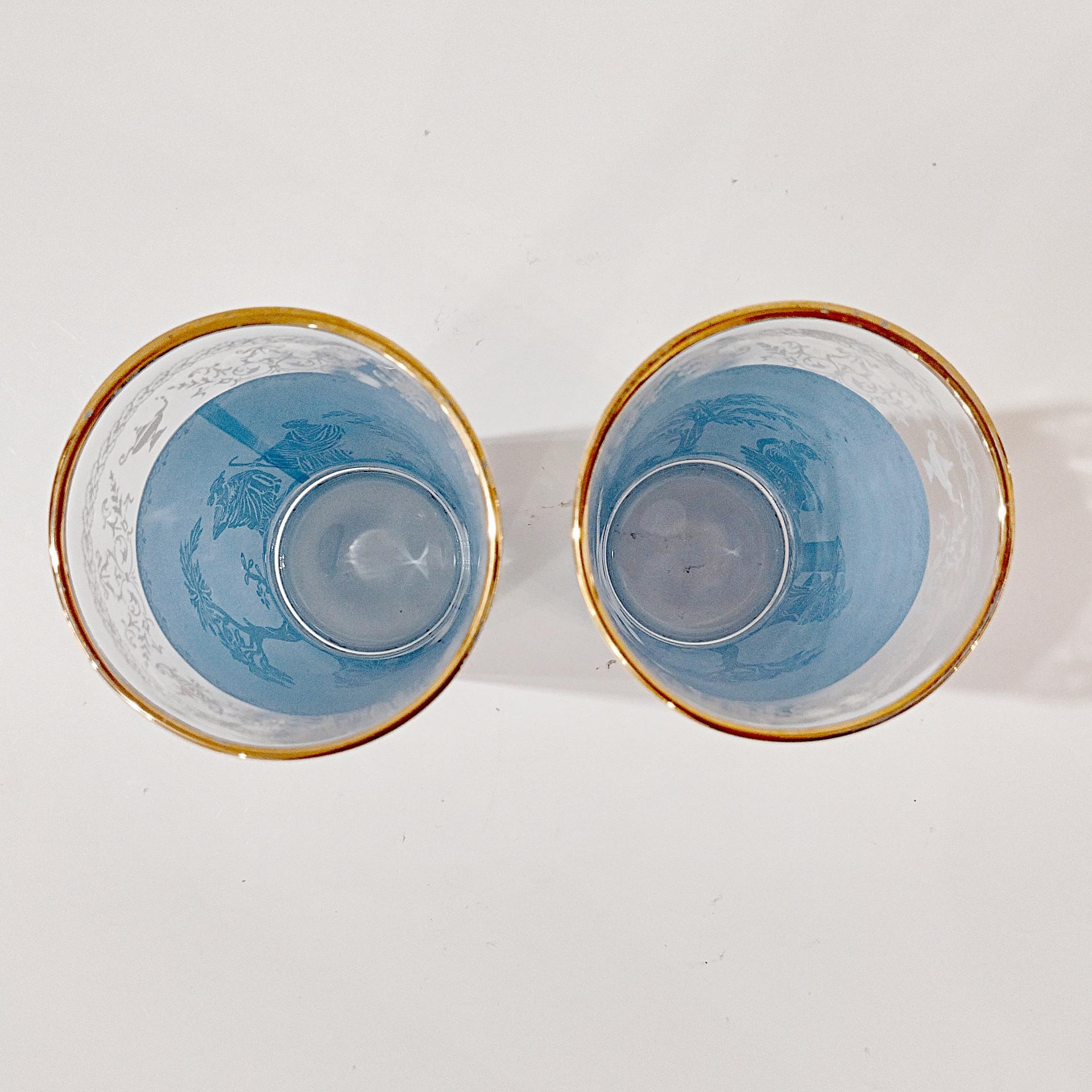 Vintage Jeanette Hellenic Blue 10 Ounce Flat Tumbler Glasses, Set of 2, MCM Barware