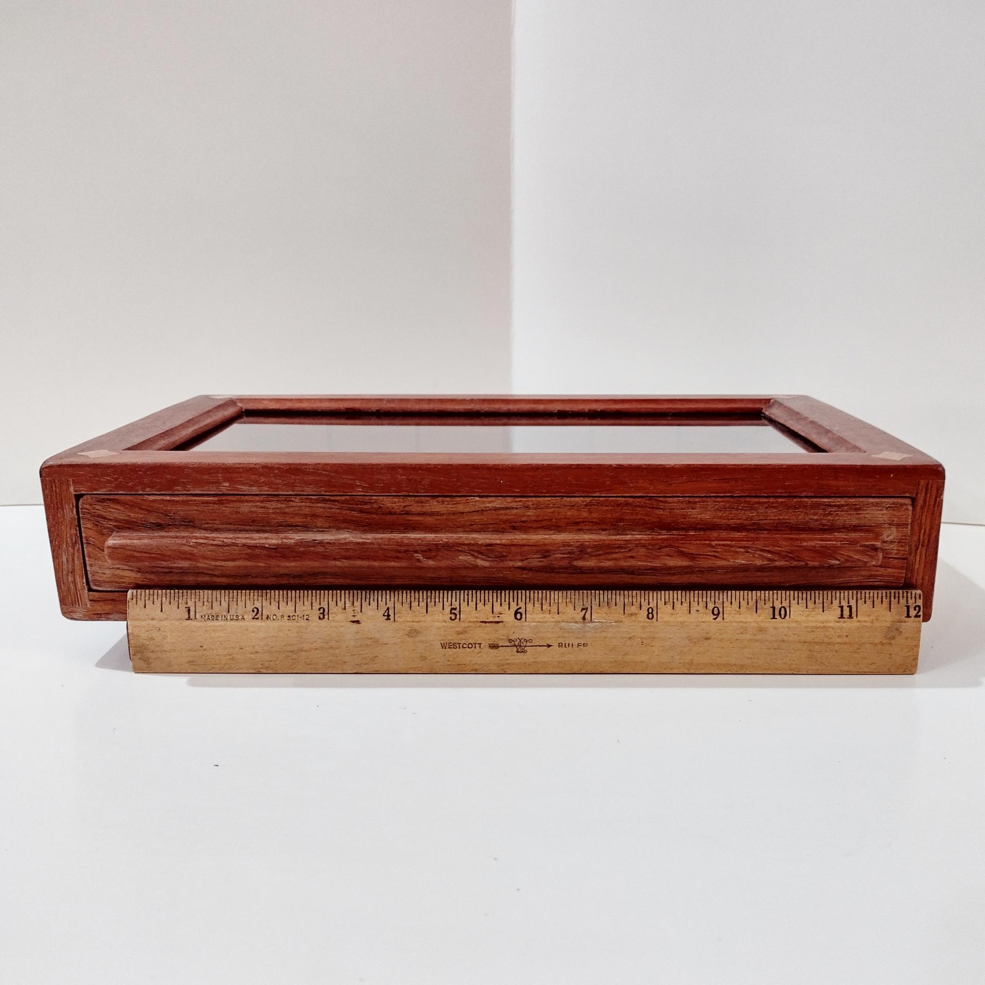 Vintage Hand Crafted Wooden Jewelry or Collection Display Box with Drawer Tray and Glass Top Window, Collectors Display Case