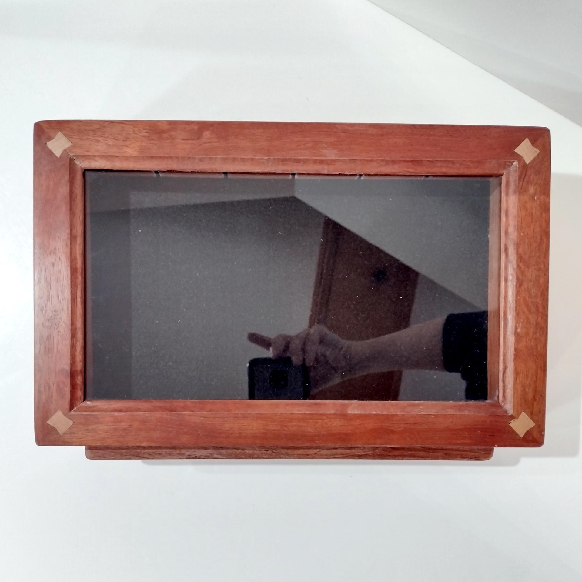 Vintage Hand Crafted Wooden Jewelry or Collection Display Box with Drawer Tray and Glass Top Window, Collectors Display Case