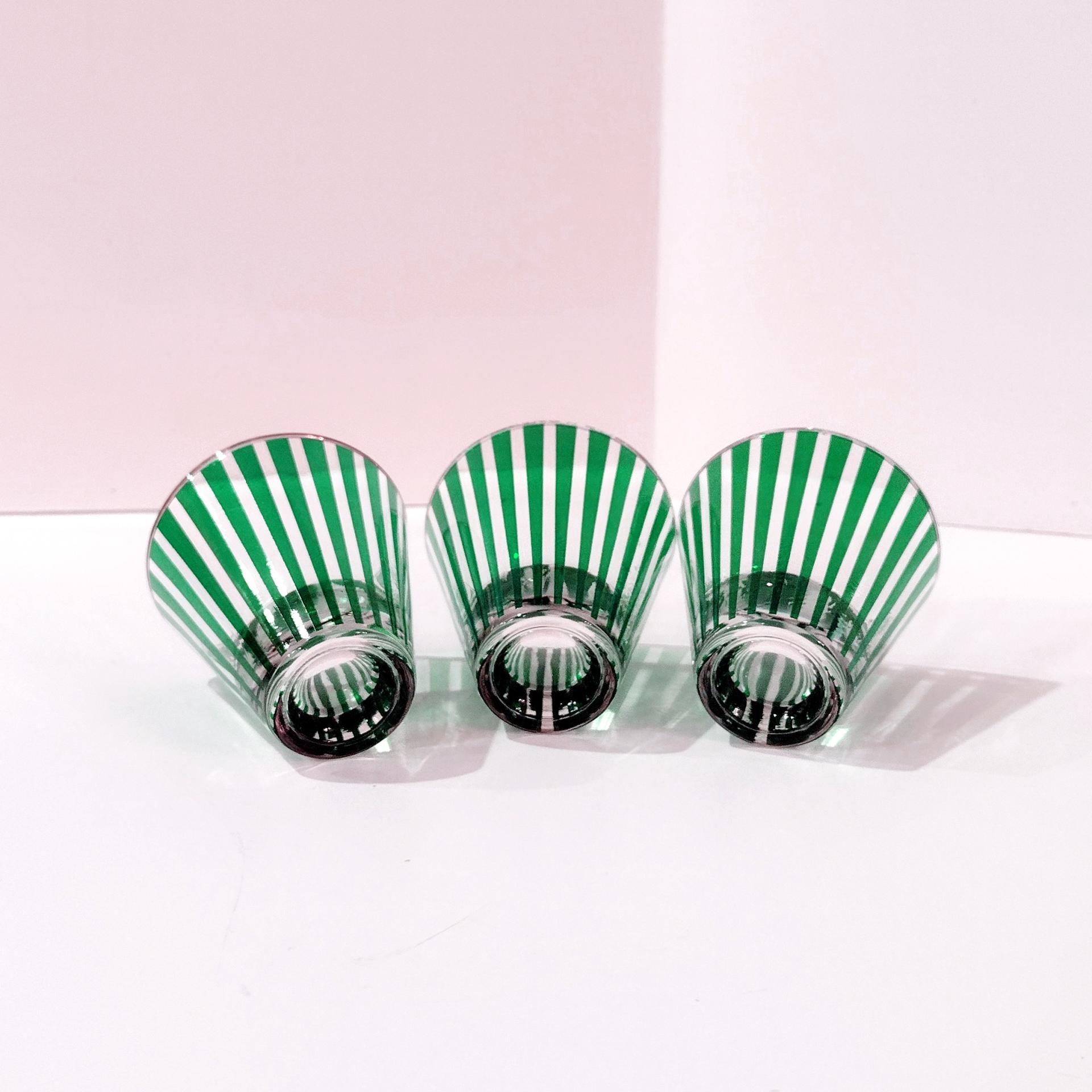Vintage Jeanette Glass Carousel Emerald Green Striped Small Cocktail Shot Glasses, Set of Three, Art Deco Barware
