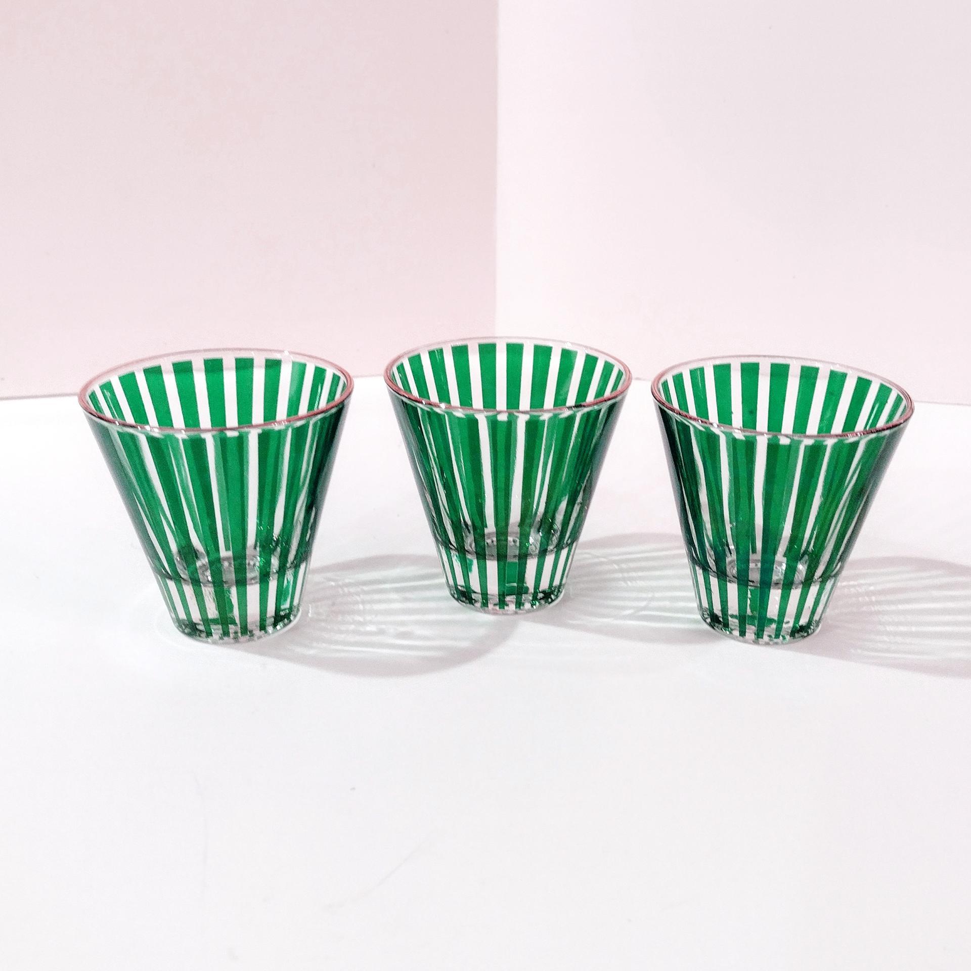 Vintage Jeanette Glass Carousel Emerald Green Striped Small Cocktail Shot Glasses, Set of Three, Art Deco Barware