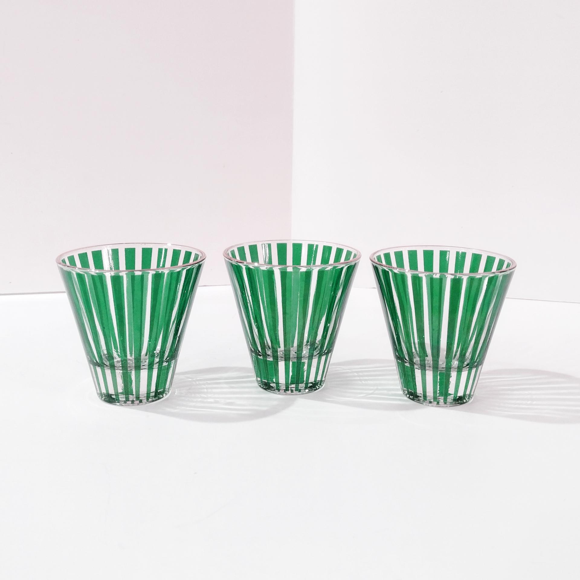 Vintage Jeanette Glass Carousel Emerald Green Striped Small Cocktail Shot Glasses, Set of Three, Art Deco Barware