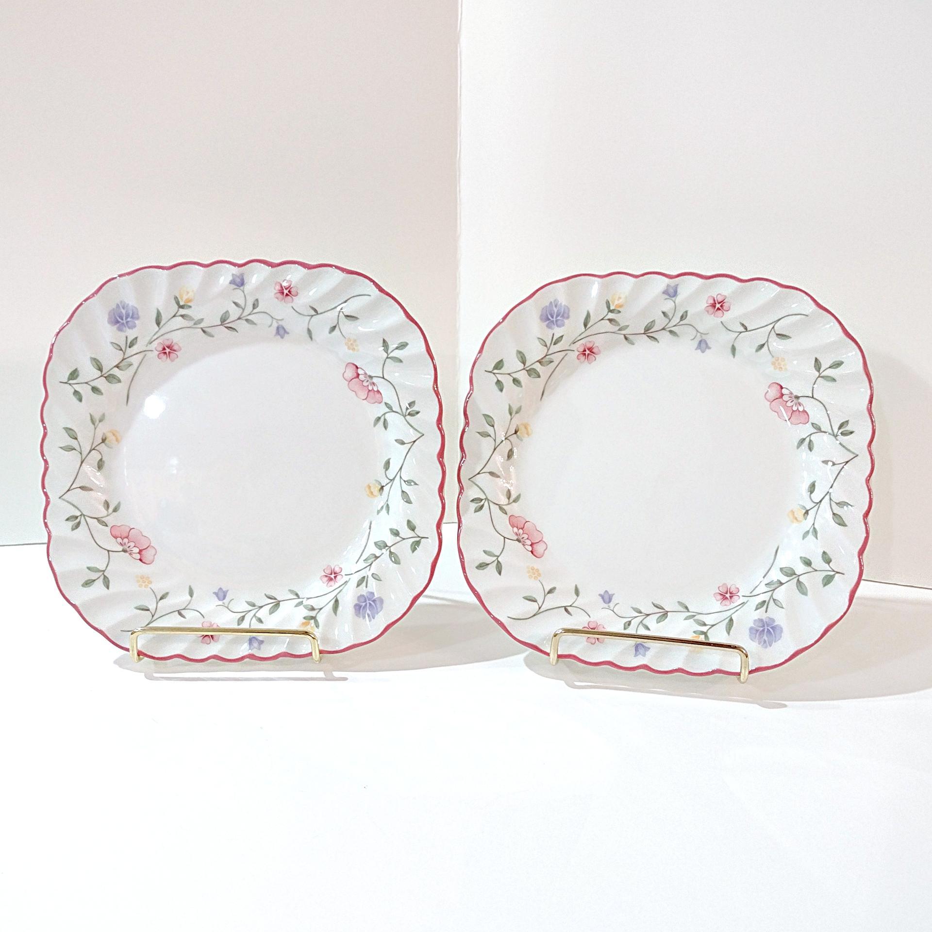 Vintage Johnson Brothers Summer Chintz Square Salad Appetizer Dessert Plates, Set of Two, Floral English China