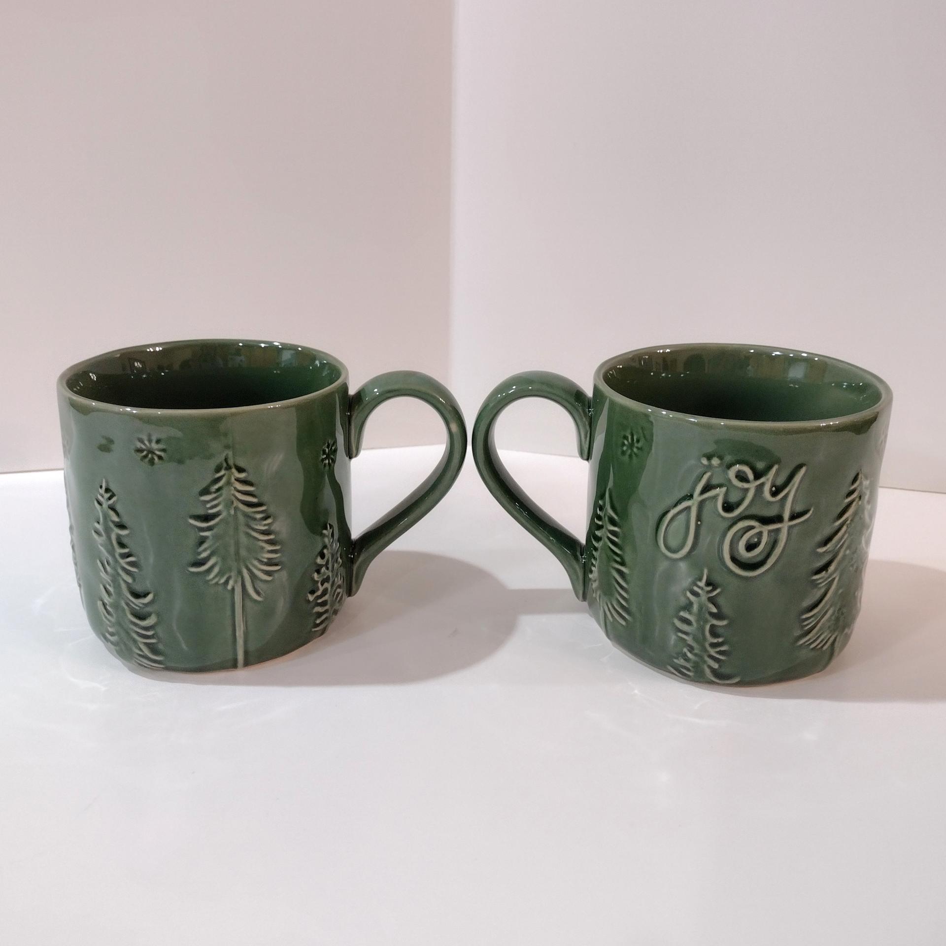 Vintage Oversized 20 Ounce Ceramic Joy Mugs, Set of Two, Green Pine Tree Motif, Holiday Coffee Tea Mugs