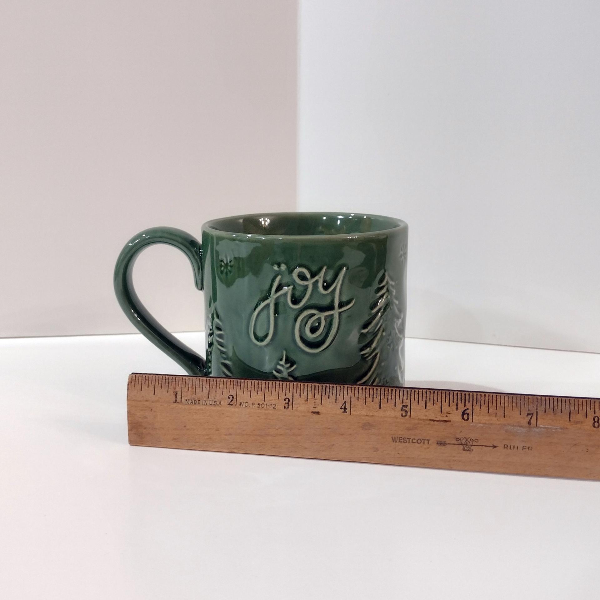 Vintage Oversized 20 Ounce Ceramic Joy Mugs, Set of Two, Green Pine Tree Motif, Holiday Coffee Tea Mugs