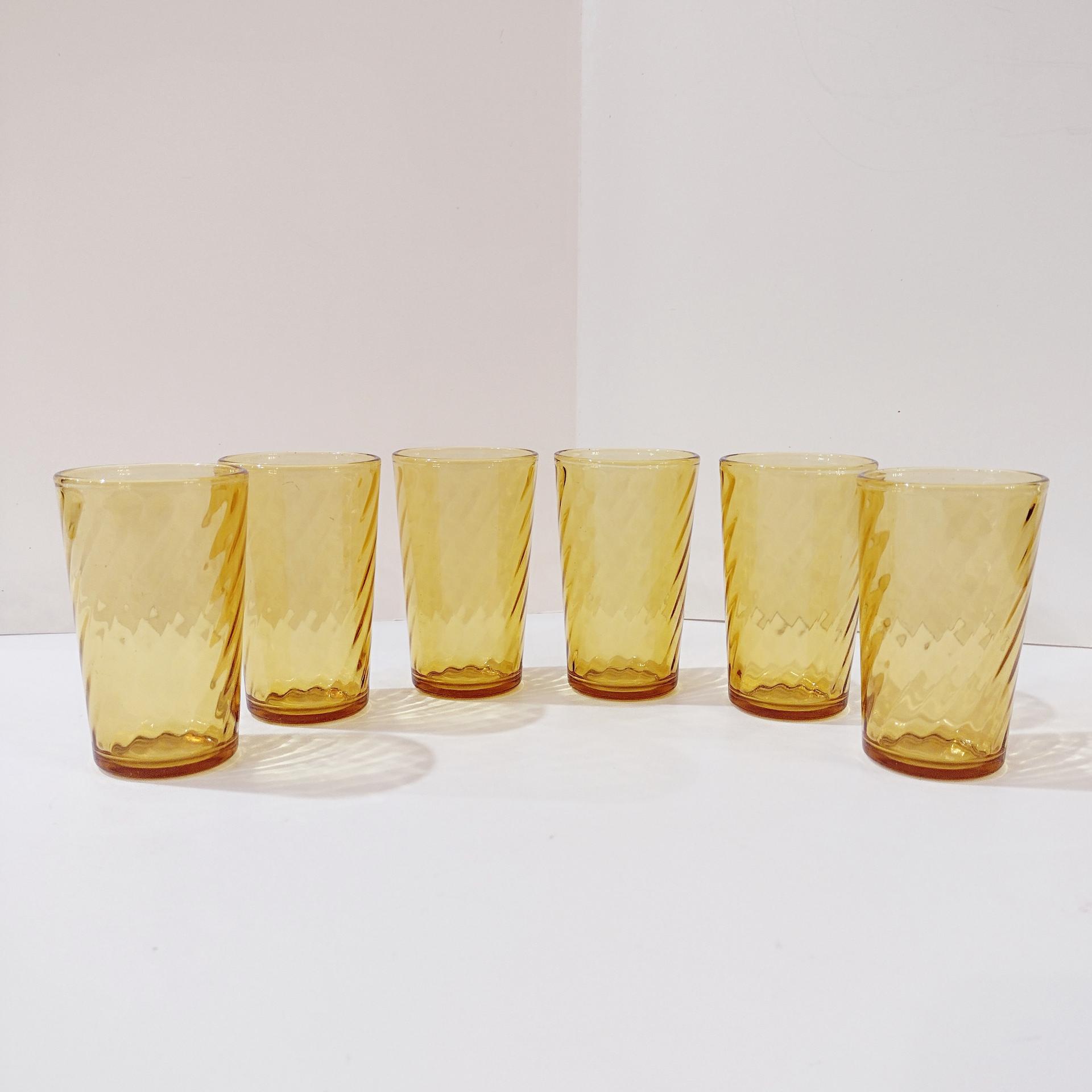 Vintage Amber Swirl Juice Glasses, Set of Six, 6 Ounce Drinking Glasses