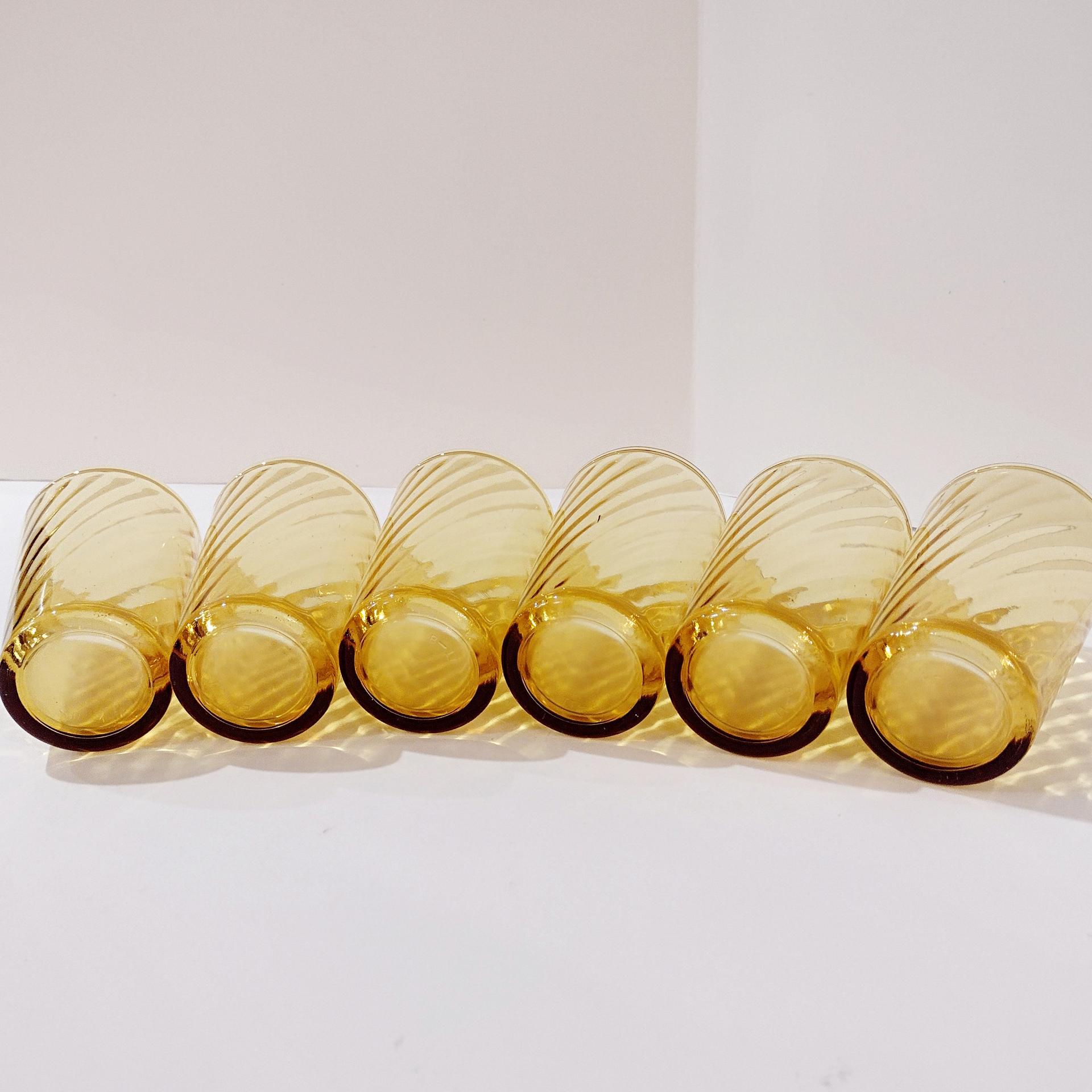 Vintage Amber Swirl Juice Glasses, Set of Six, 6 Ounce Drinking Glasses