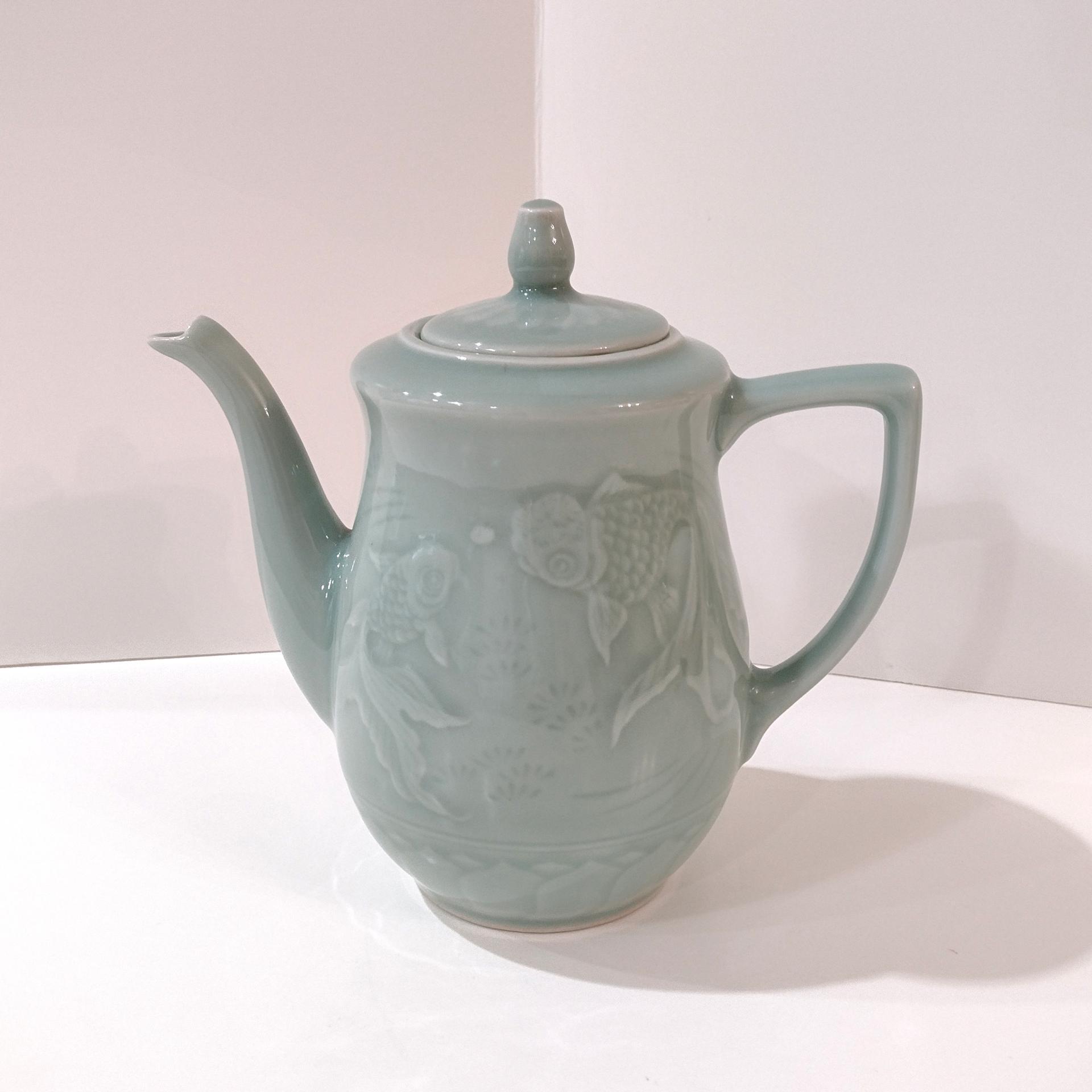 Vintage Longquan Celadon Goldfish Koi Green Teapot with Lid, Chinese Tea Pot